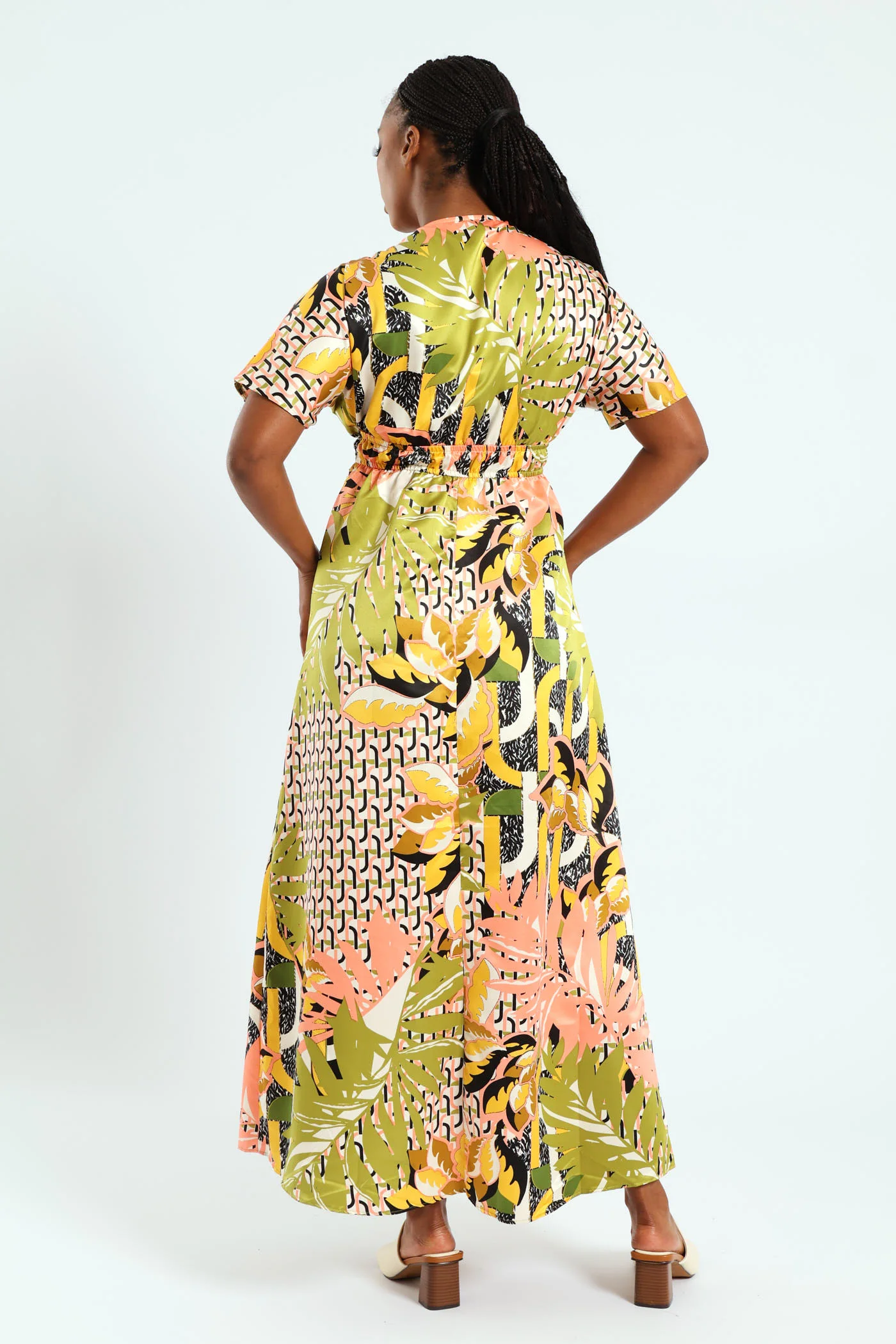 Short Sleeve V-Neck Shirred Waist Printed Satin Maxi Dress - Multi - Image 5
