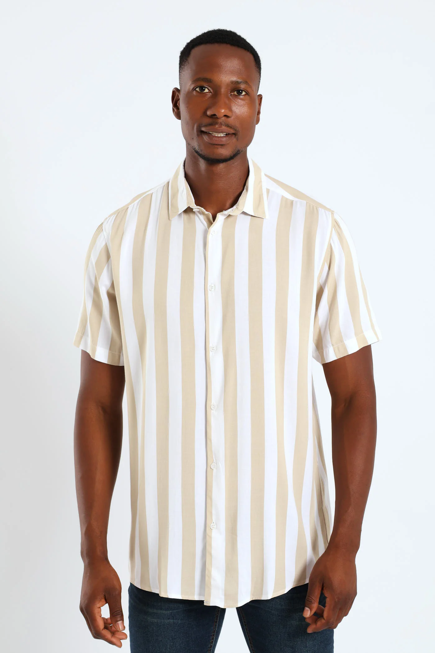 Short Sleeve Viscose Stripe Regular Shirt - Stone - Image 3