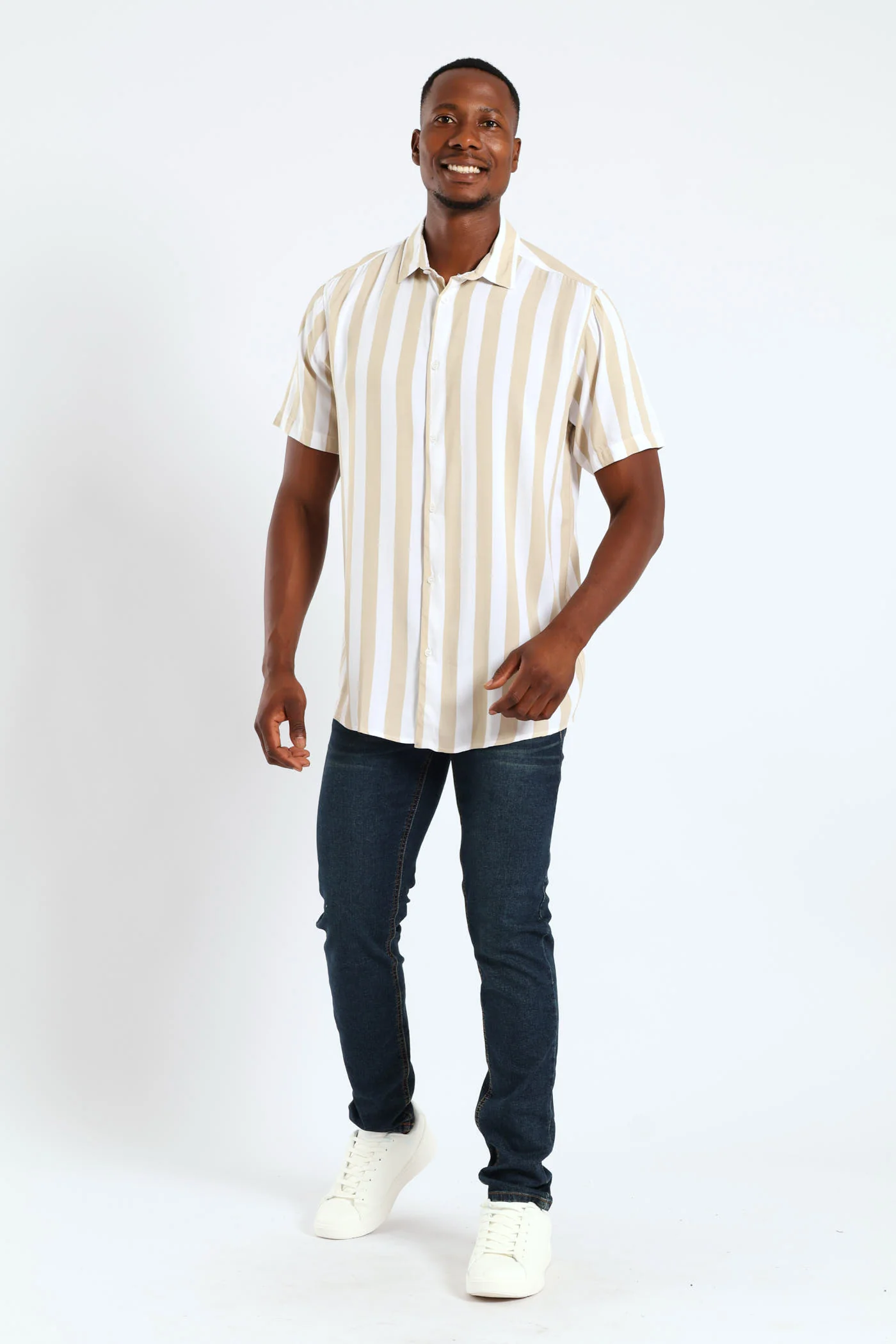 Short Sleeve Viscose Stripe Regular Shirt - Stone - Image 4