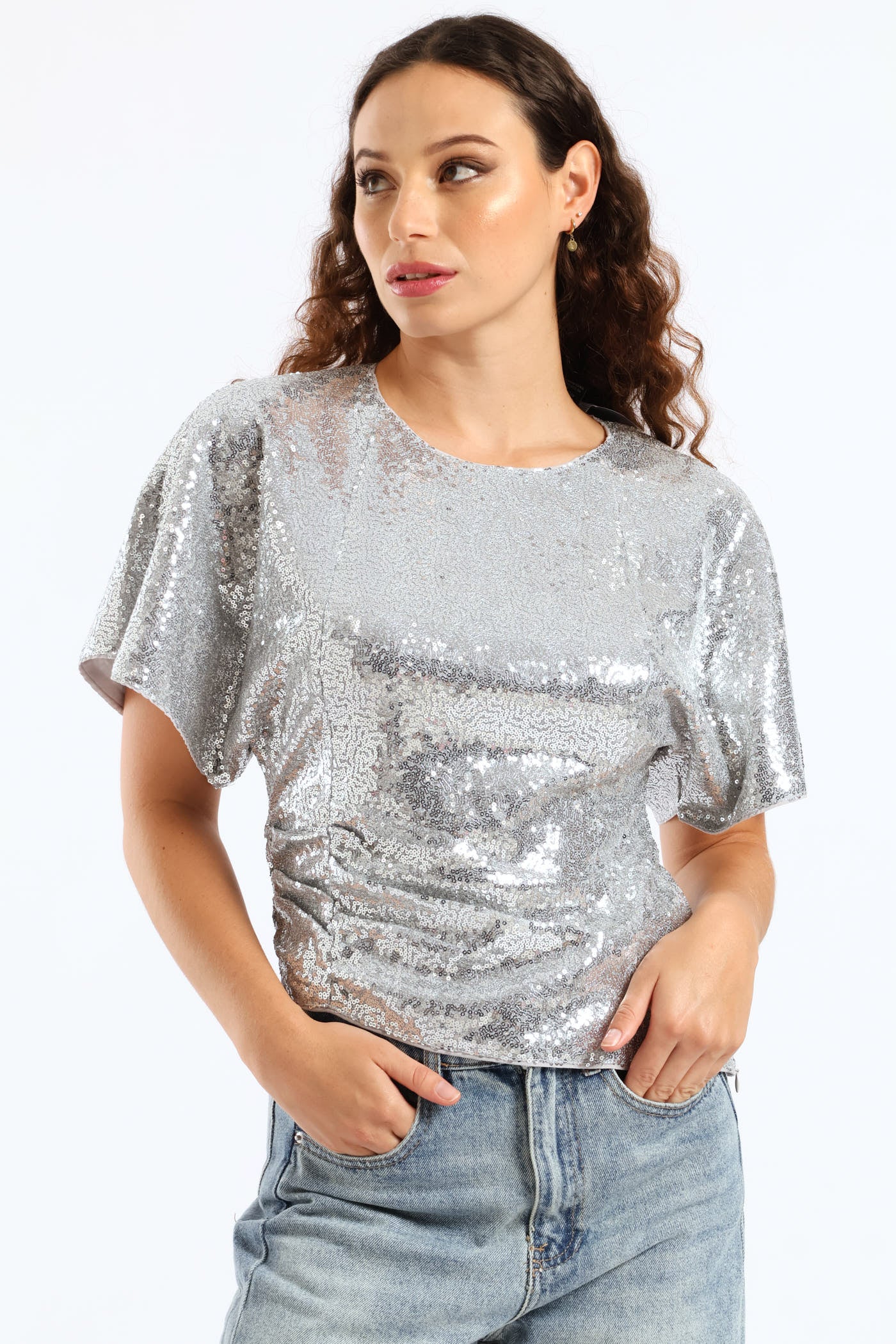 Short Sleeve Woven Sequin Blouse - Silver - Image 2