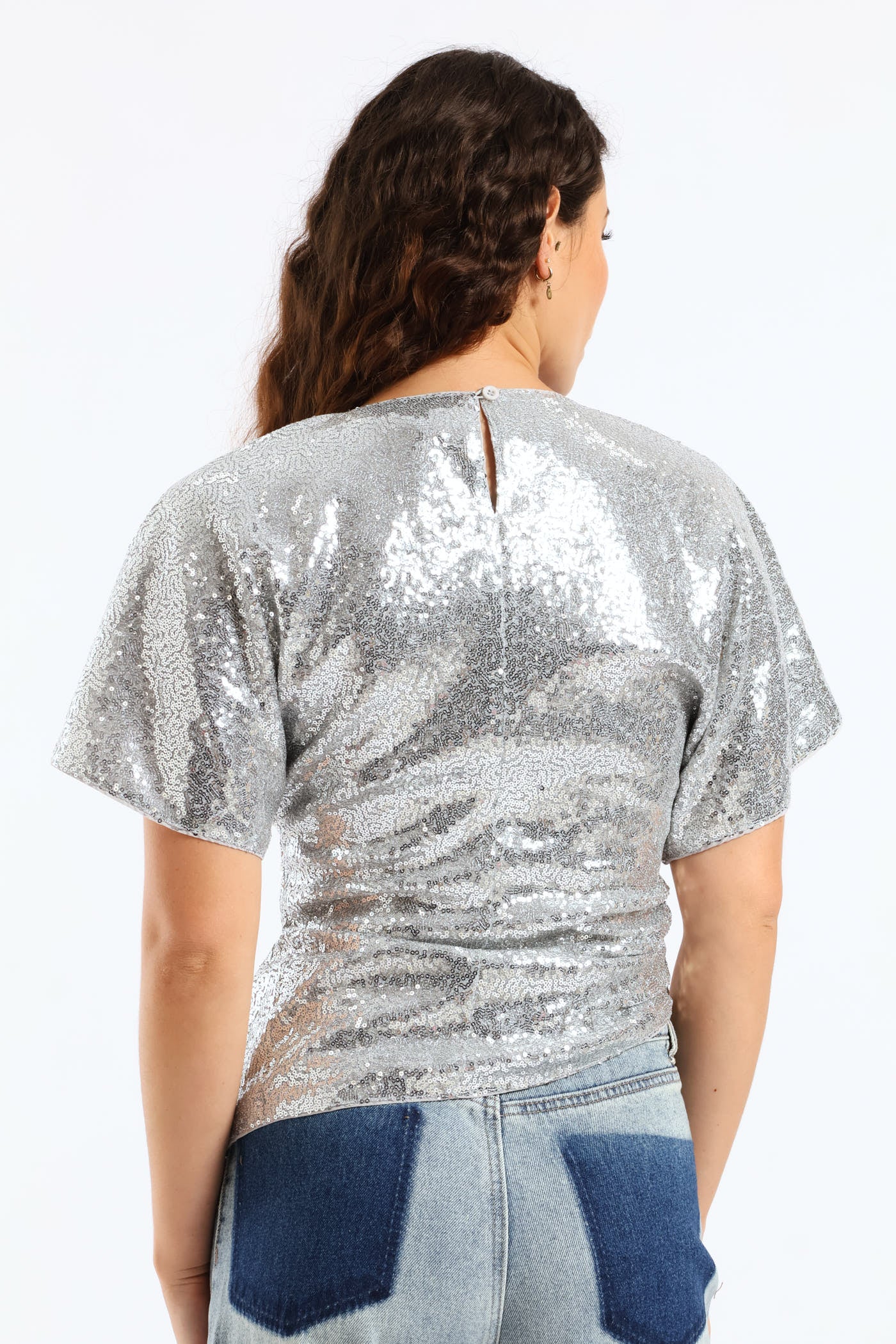 Short Sleeve Woven Sequin Blouse - Silver - Image 4