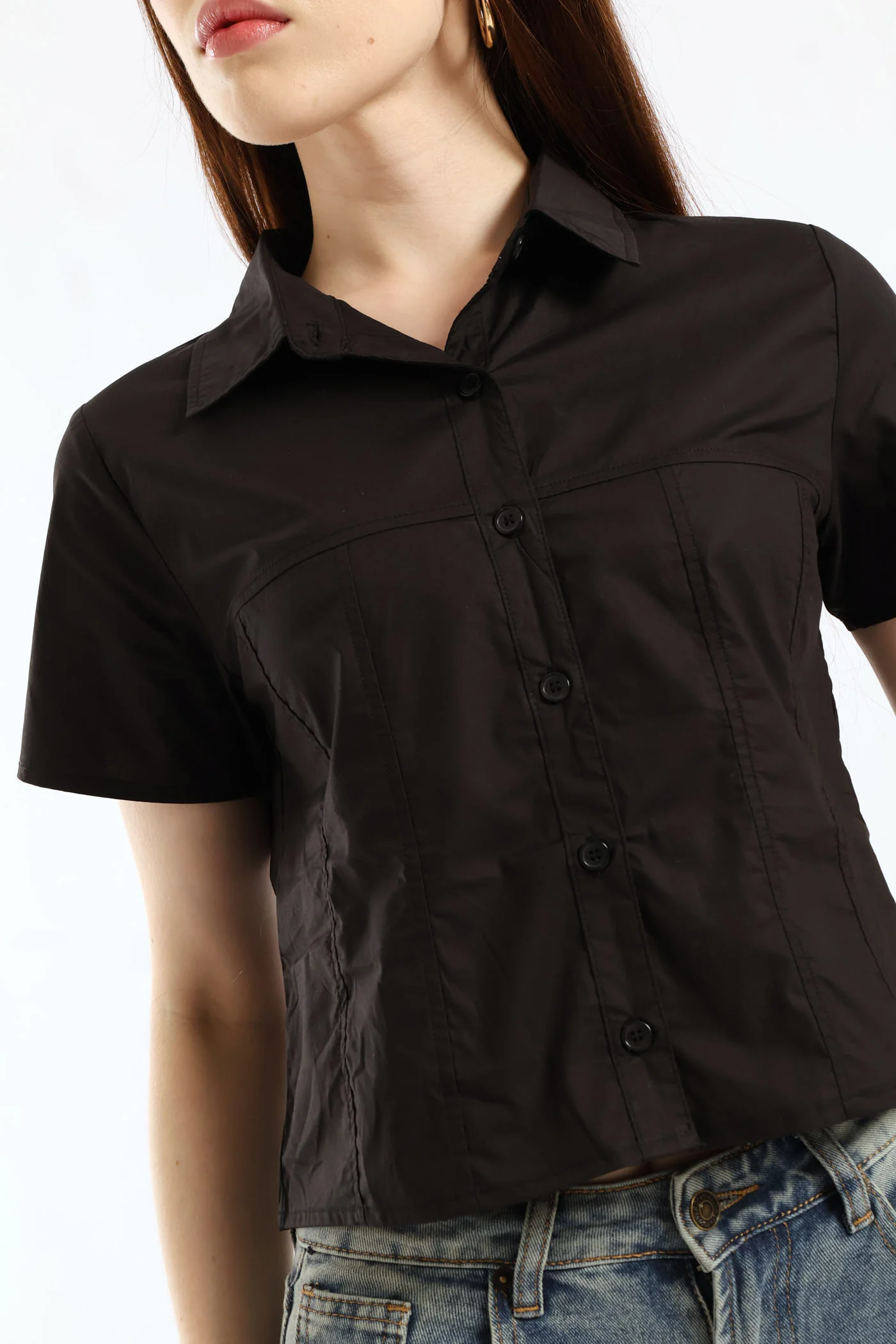 Short Sleeve Woven Button Down Shirt - Black - Image 2