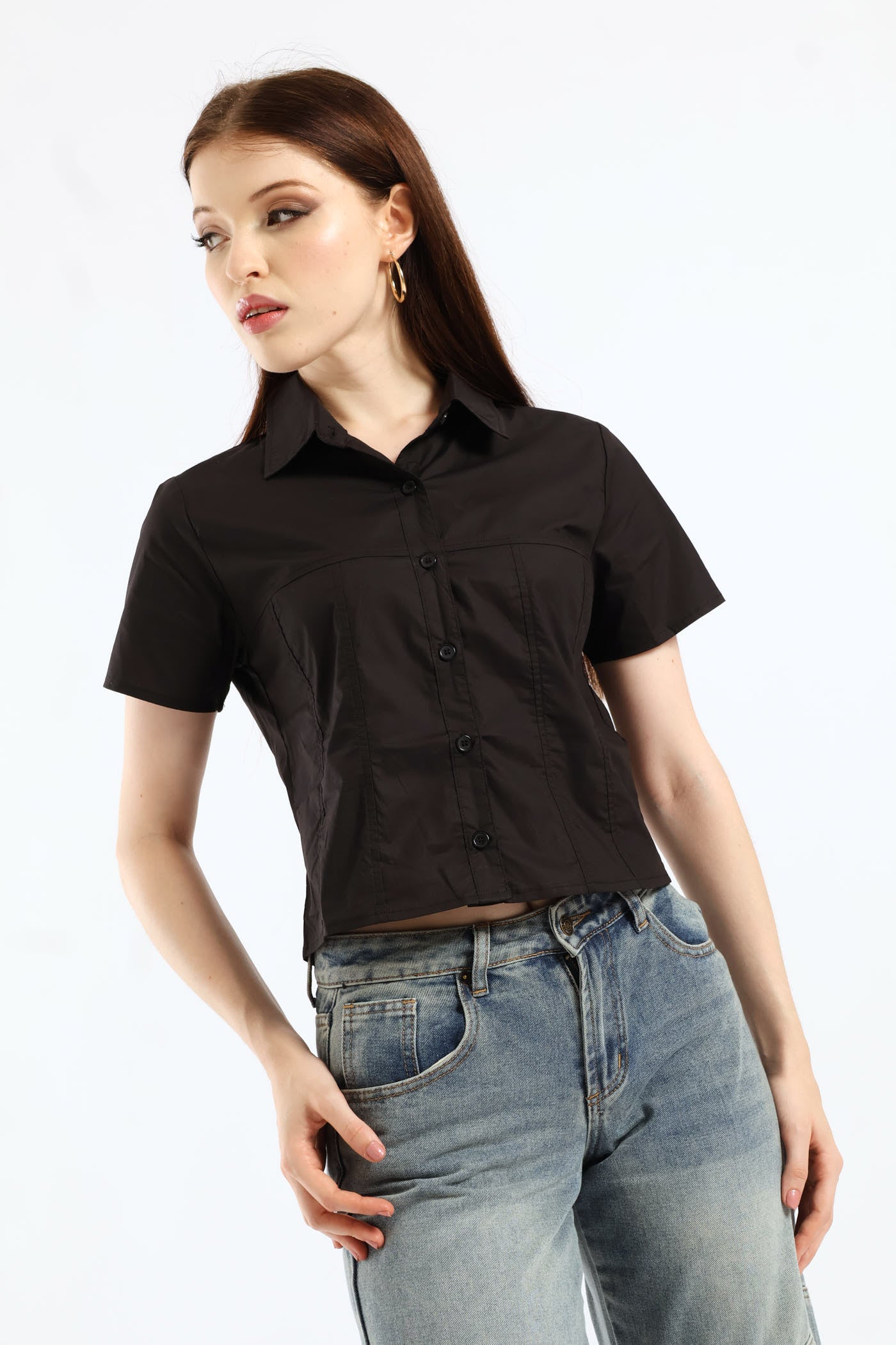 Short Sleeve Woven Button Down Shirt - Black - Image 3