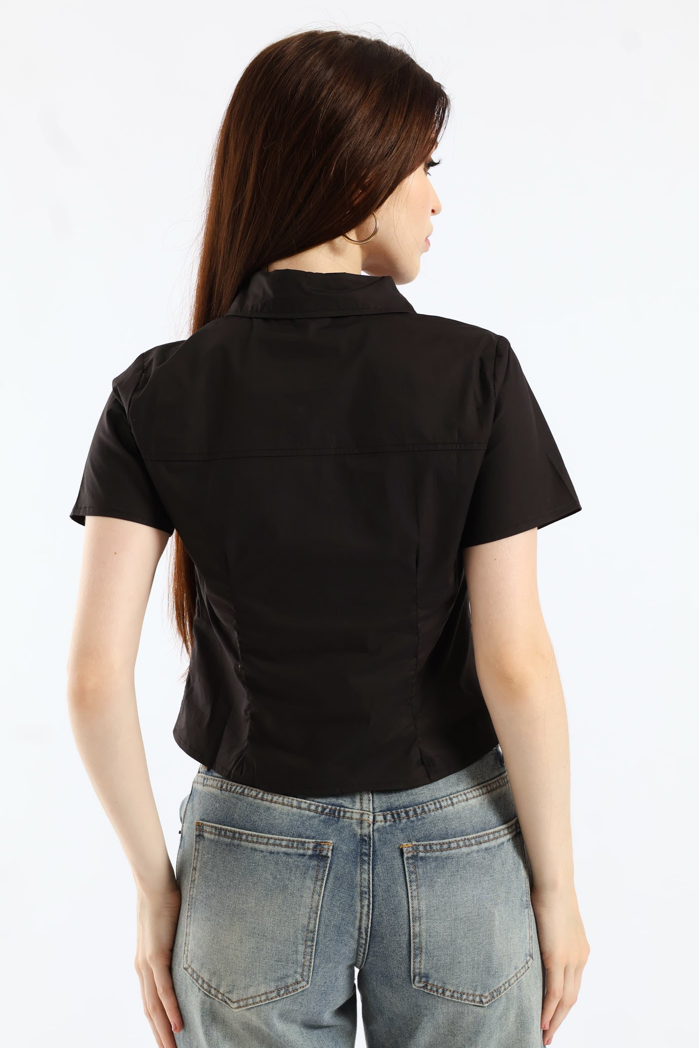 Short Sleeve Woven Button Down Shirt - Black - Image 5
