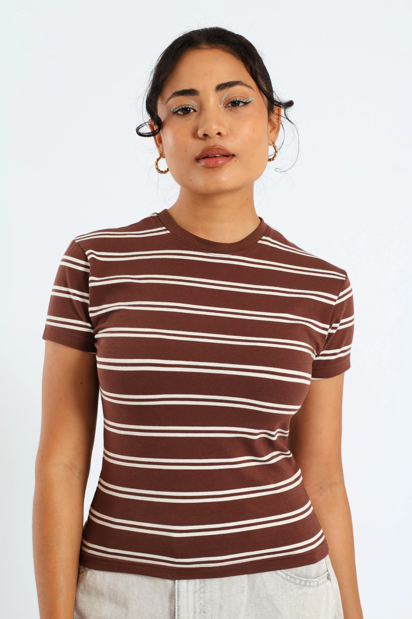 Short Sleeve Yarn Dye Stripe Tee - Brown - Image 2