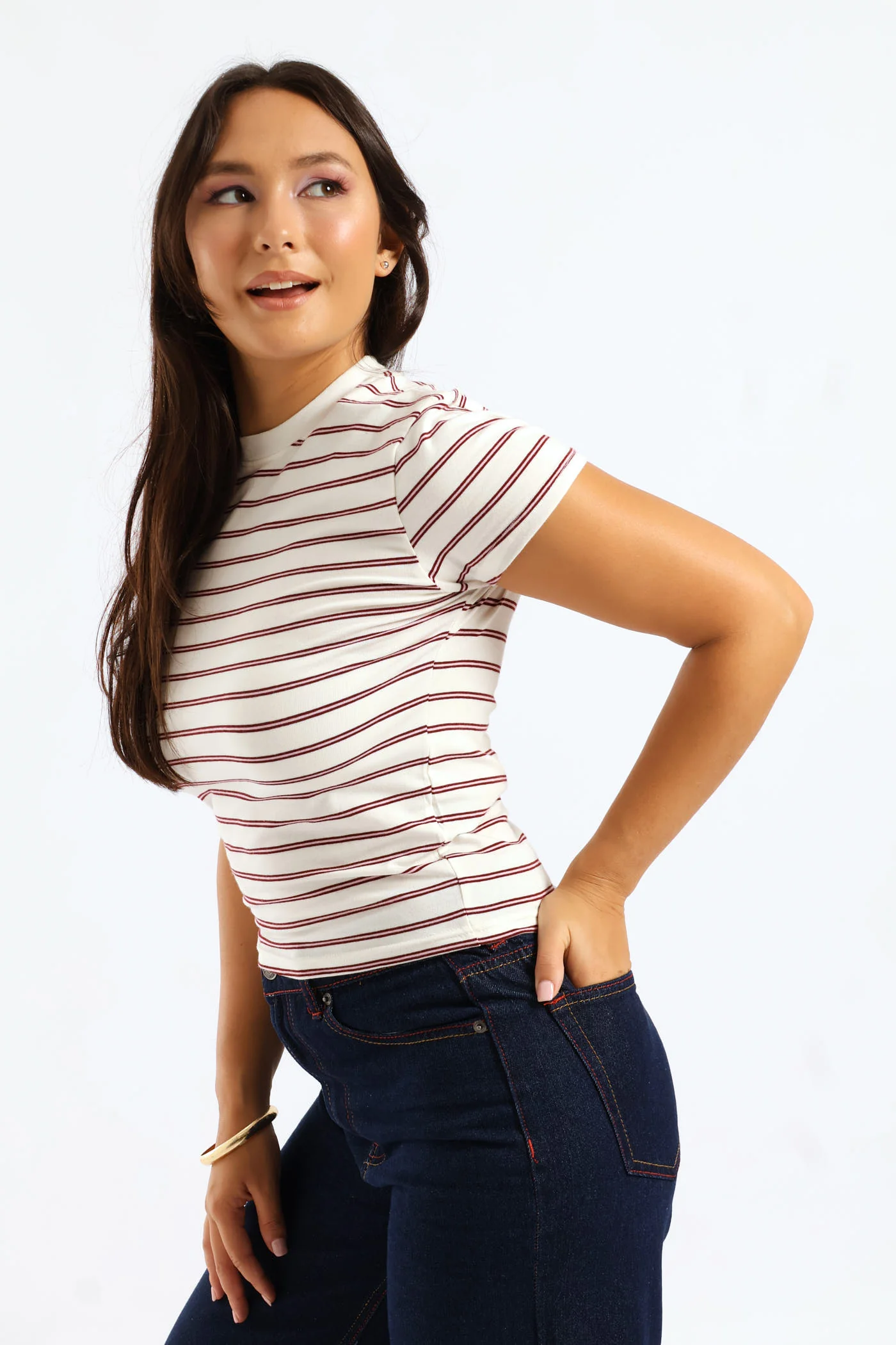 Short Sleeve Yarn Dye Stripe Tee - Burgundy - Image 4