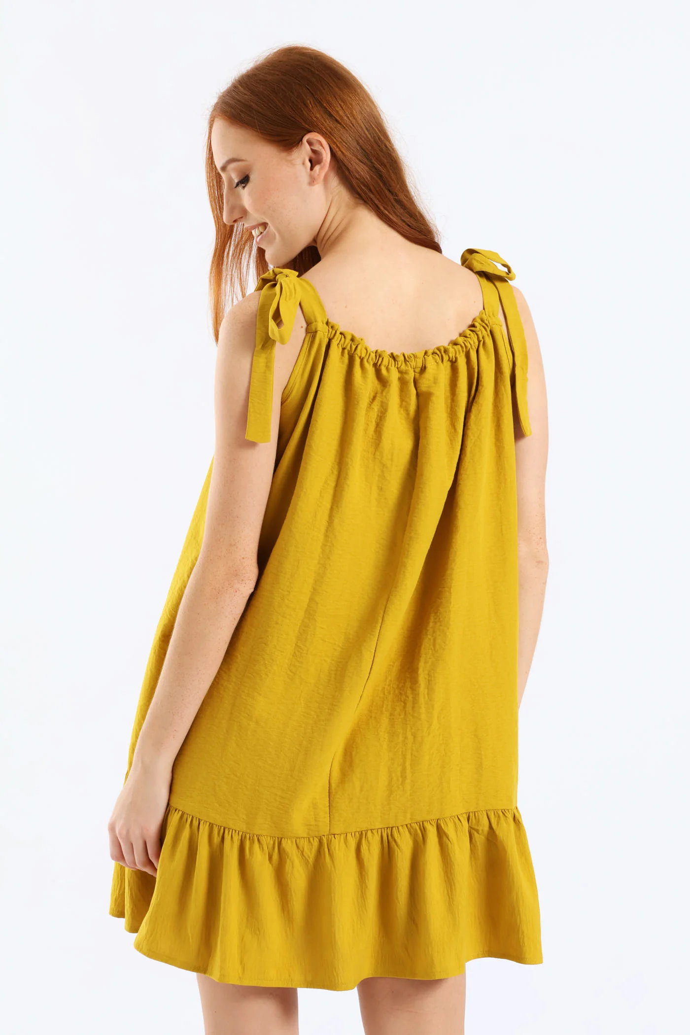 Shoulder Tie Frill Hem Mini Dress - Mustard - Image 2