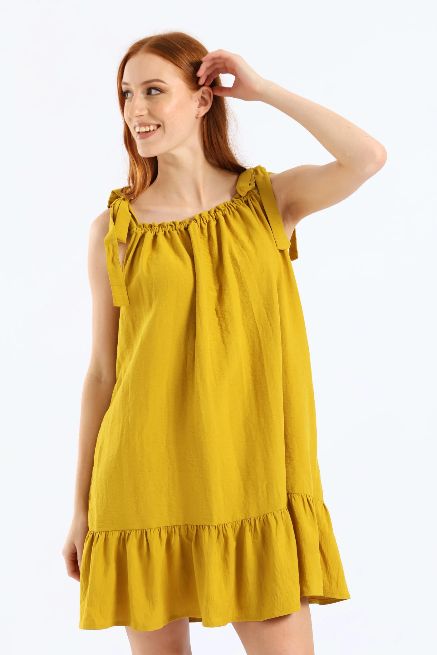Shoulder Tie Frill Hem Mini Dress - Mustard - Image 3