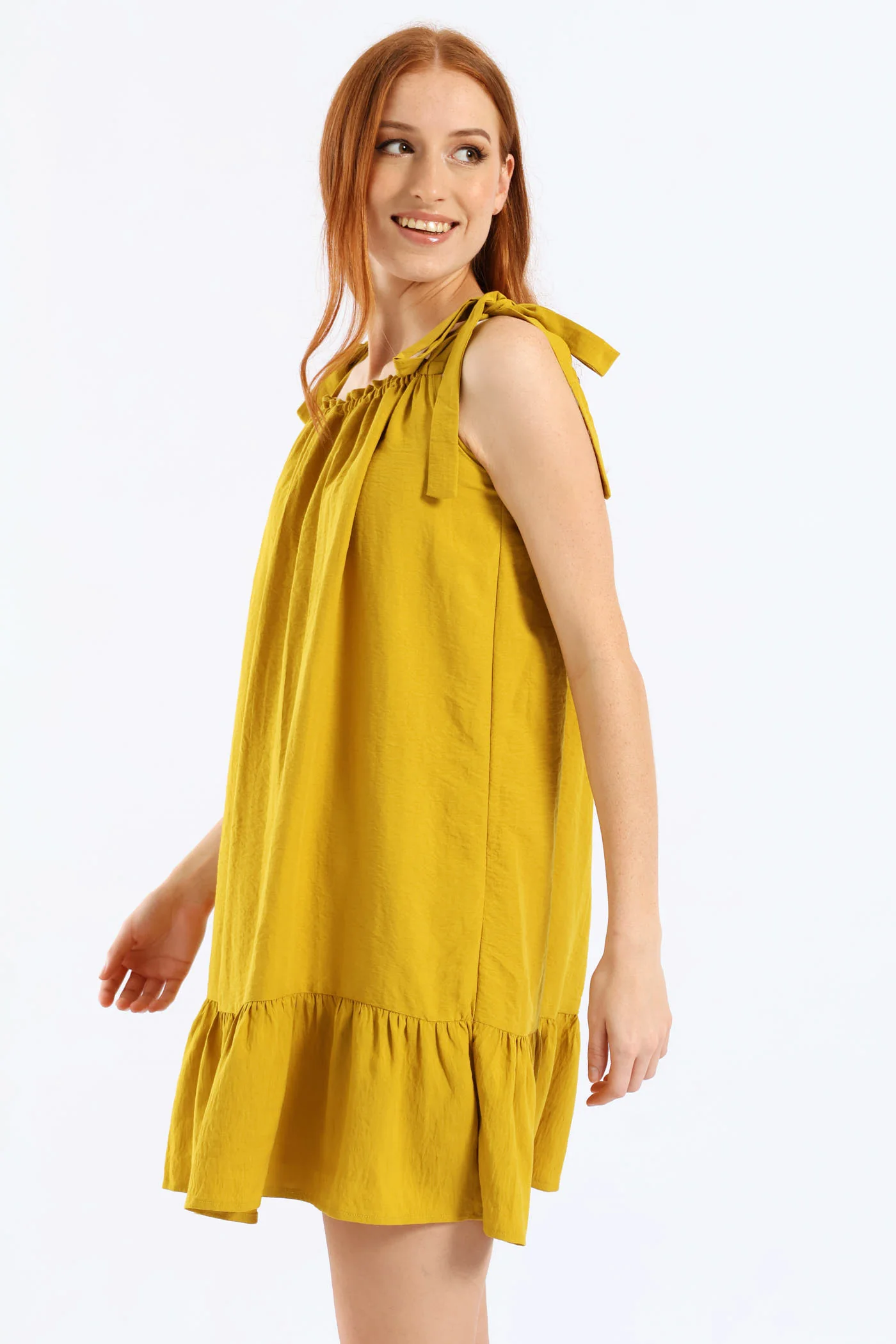 Shoulder Tie Frill Hem Mini Dress - Mustard - Image 4
