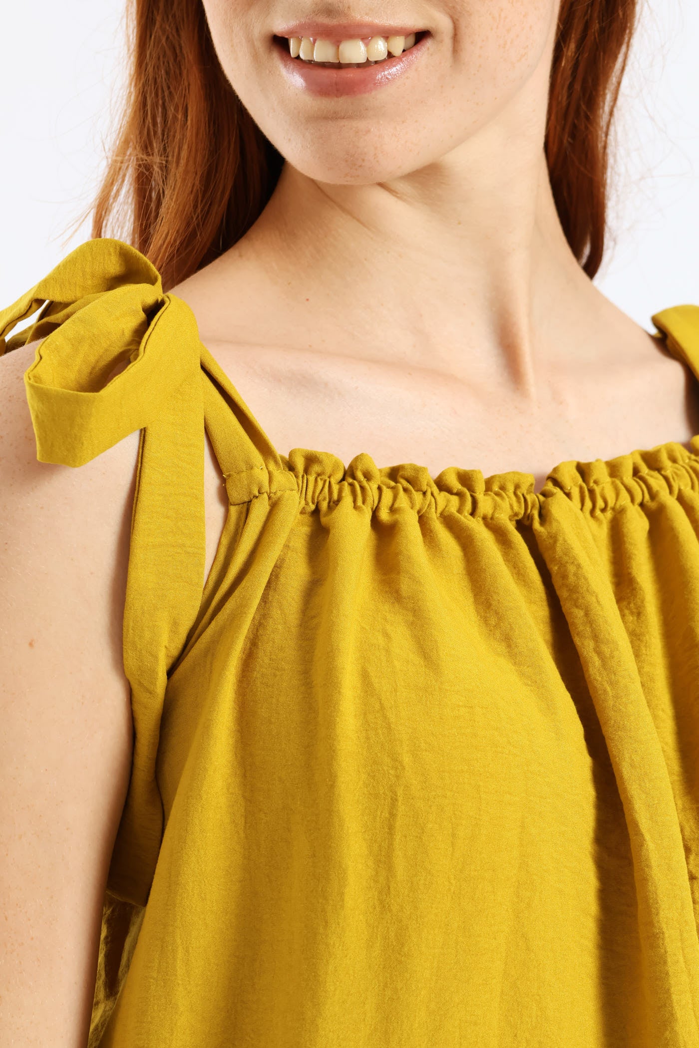 Shoulder Tie Frill Hem Mini Dress - Mustard - Image 5