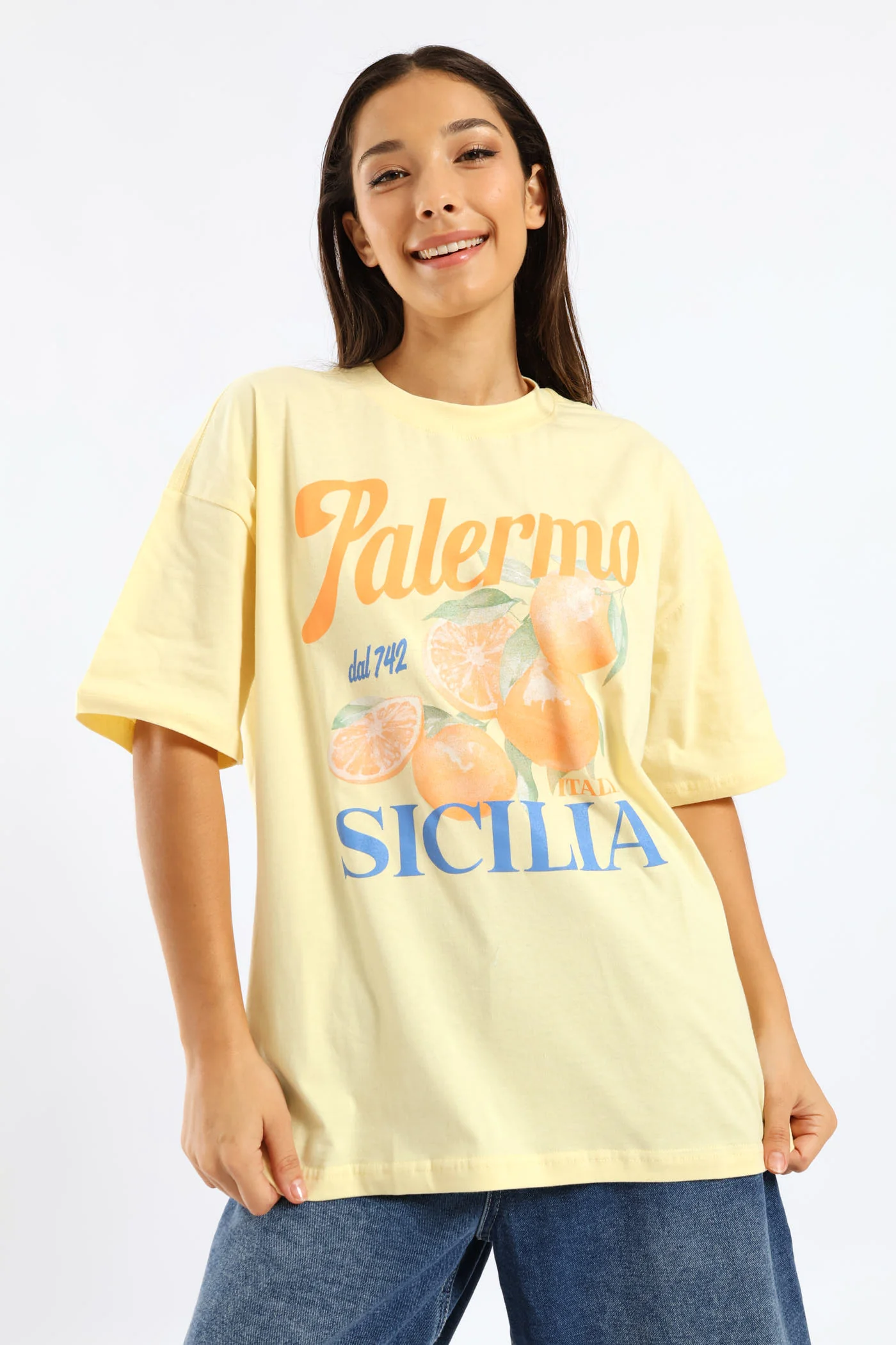 Sicillia Oversized Printed Tee - Light Yellow - Image 3