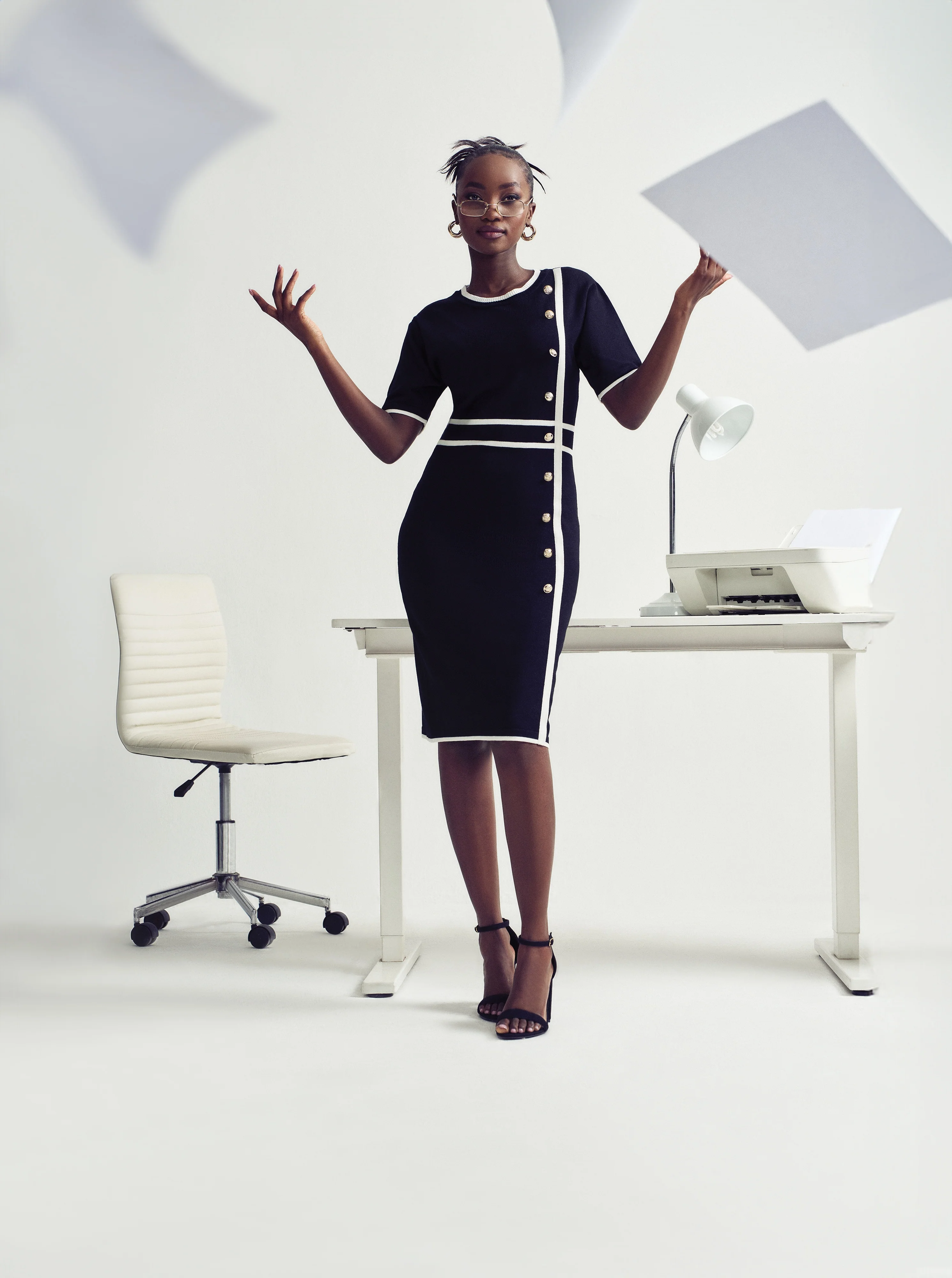 Side Button Through Constrast Dress - Black/Cream - Image 6