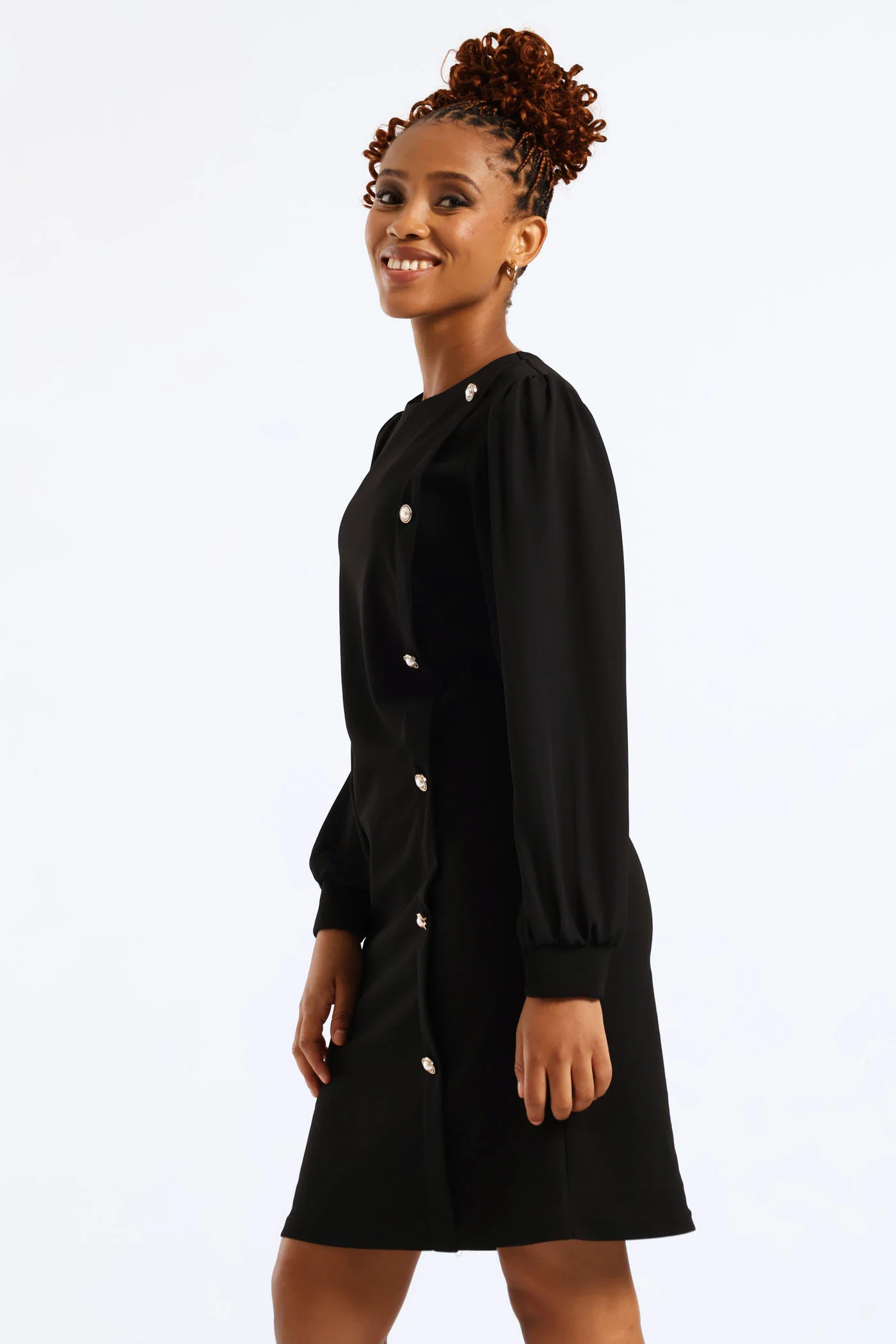 Side Button Through Knitwear Combo Dress - Black - Image 3