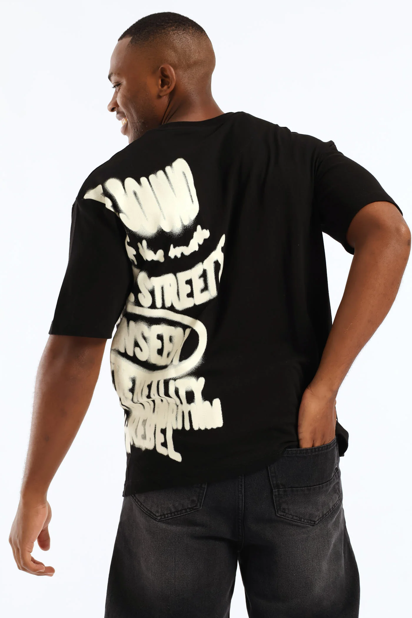 Side Print Oversized Tee - Black - Image 4