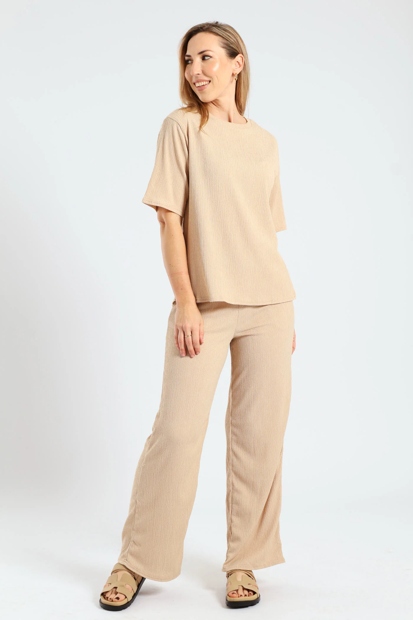 Side Slit Relaxed Oversized Crinkle Tee - Stone - Image 2