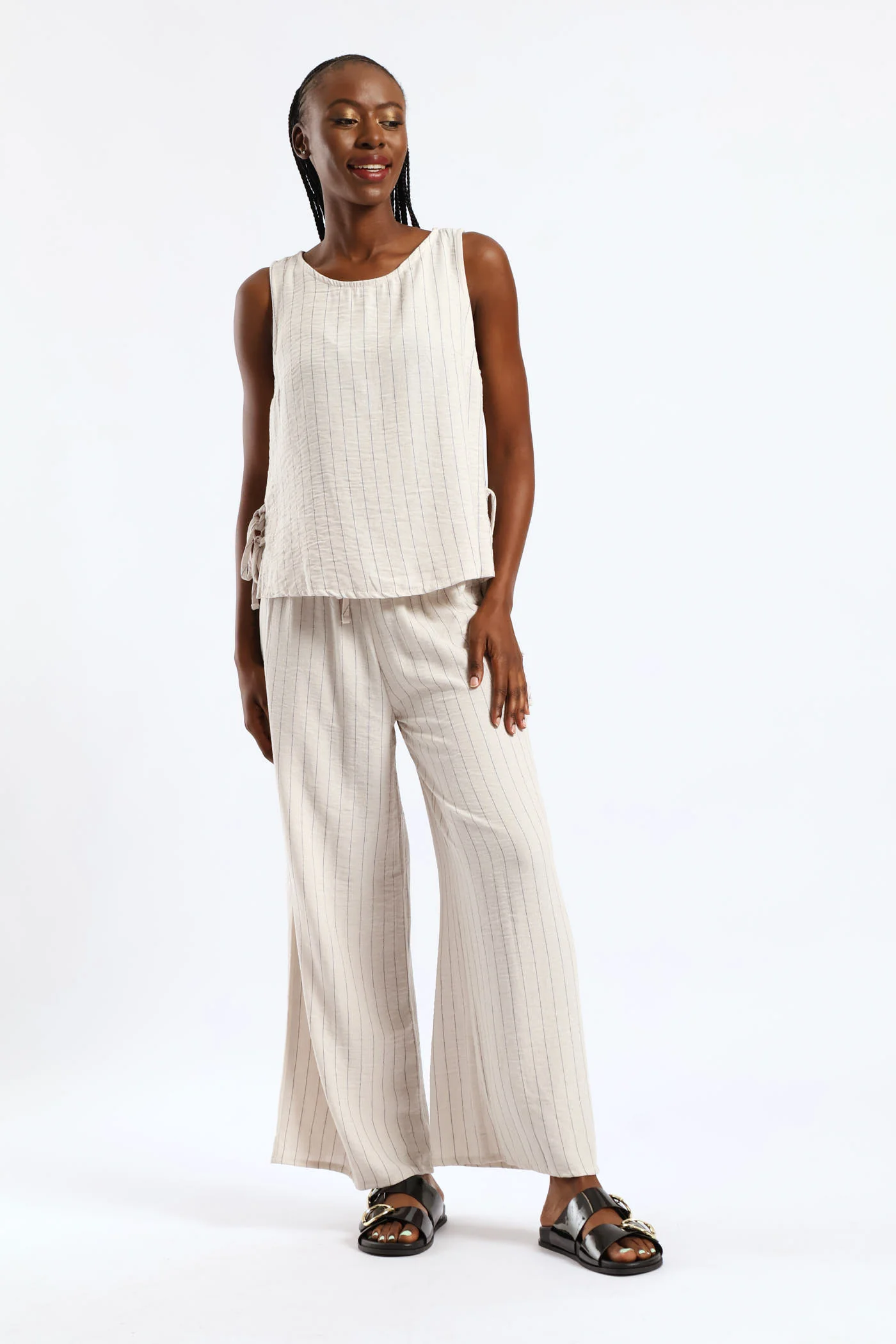 Side Tie Detail Pinstripe Shell Tank - Black/Beige - Image 2