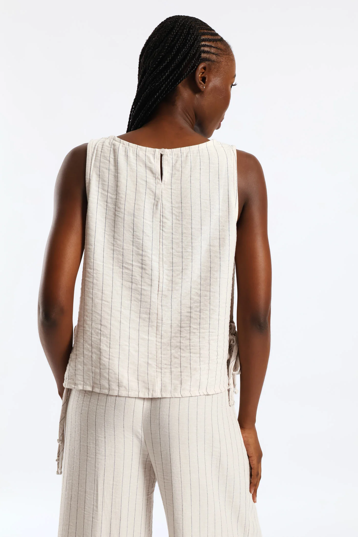 Side Tie Detail Pinstripe Shell Tank - Black/Beige - Image 5
