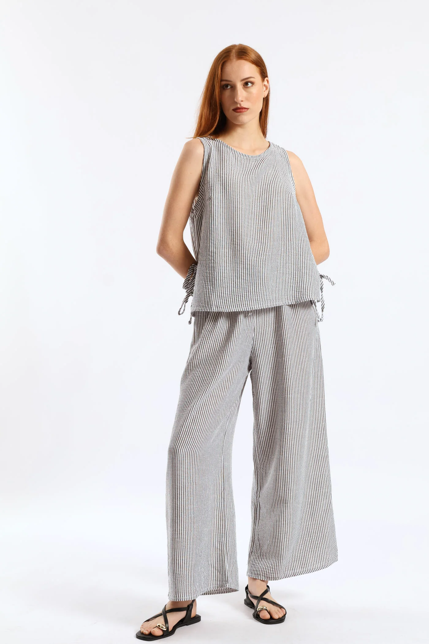 Side Tie Detail Pinstripe Shell Tank - Cream/Black - Image 2