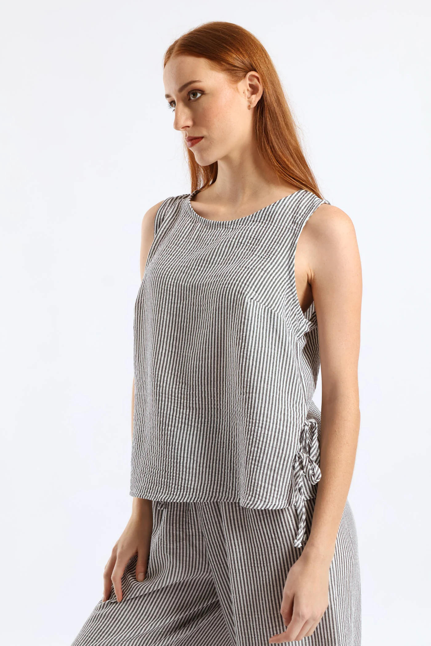 Side Tie Detail Pinstripe Shell Tank - Cream/Black - Image 3