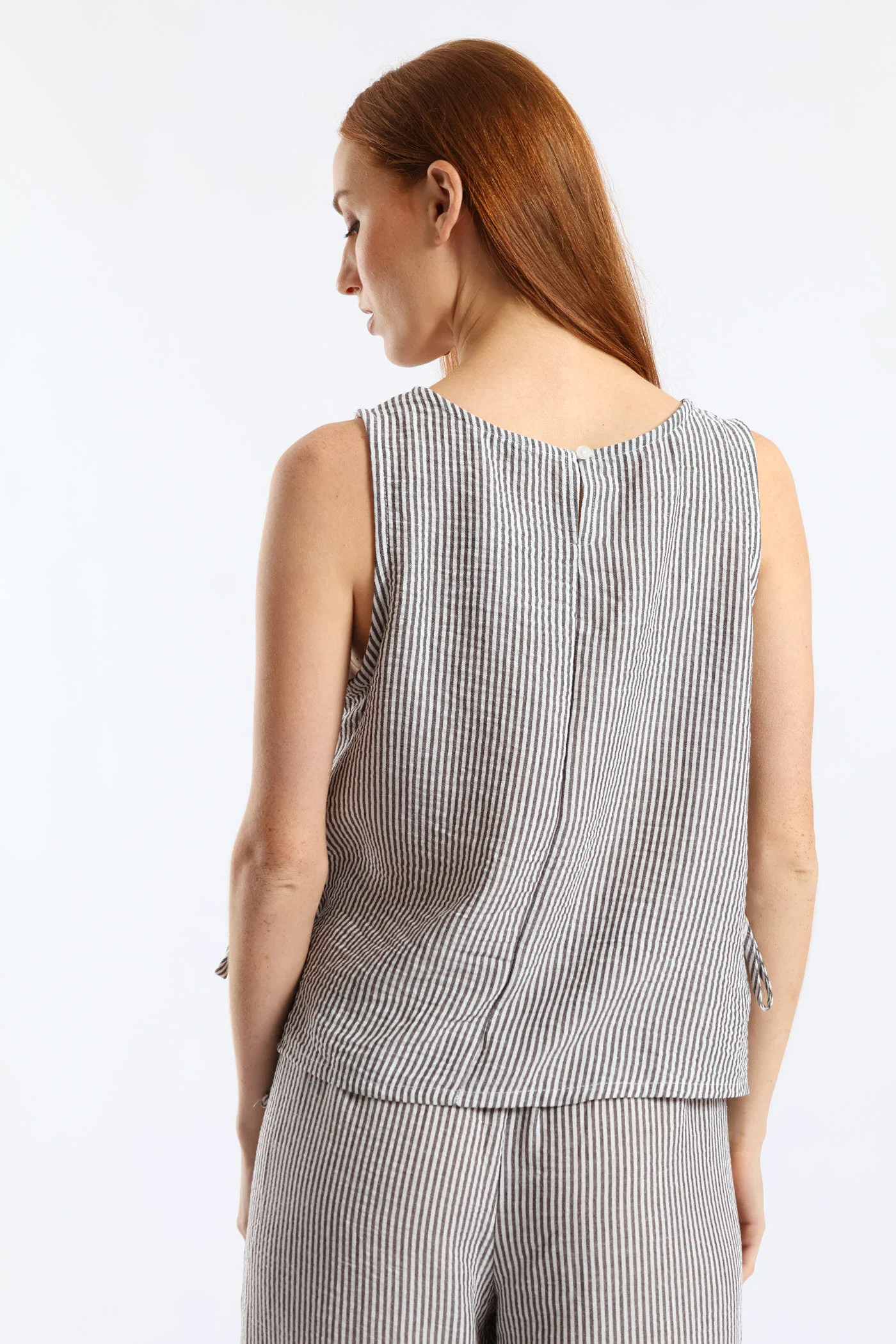 Side Tie Detail Pinstripe Shell Tank - Cream/Black - Image 5
