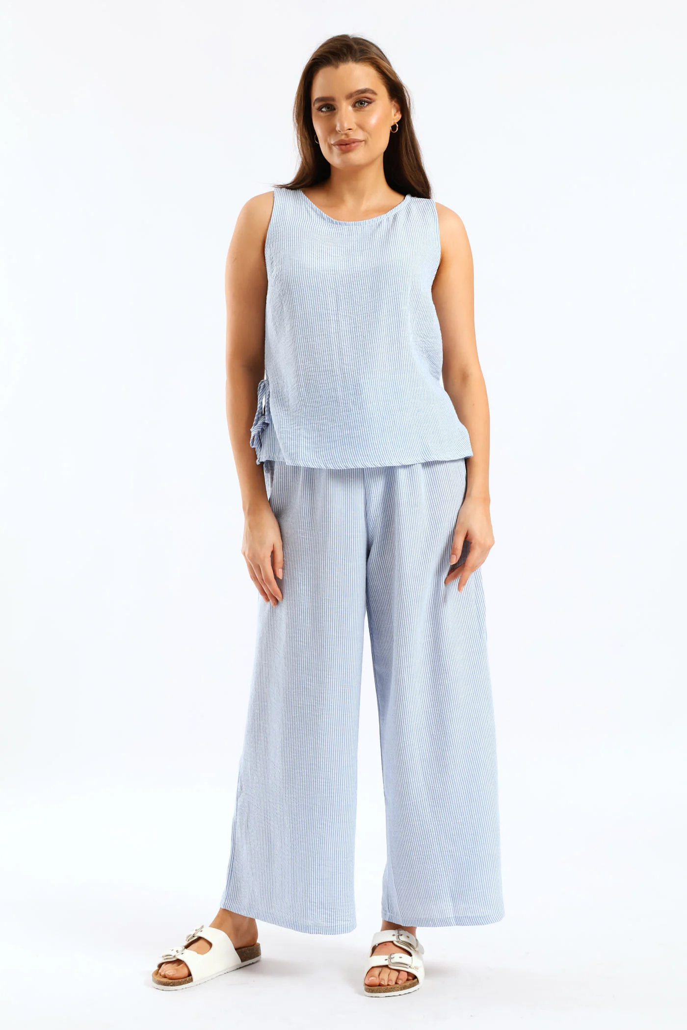 Side Tie Pinstripe Shell Tank - White/Light Blue - Image 2