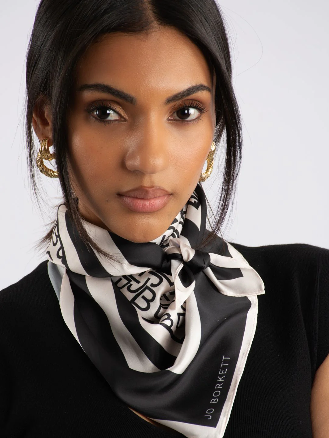 Silk Touch Monogram Neckerchief - Cream/Black - Image 3