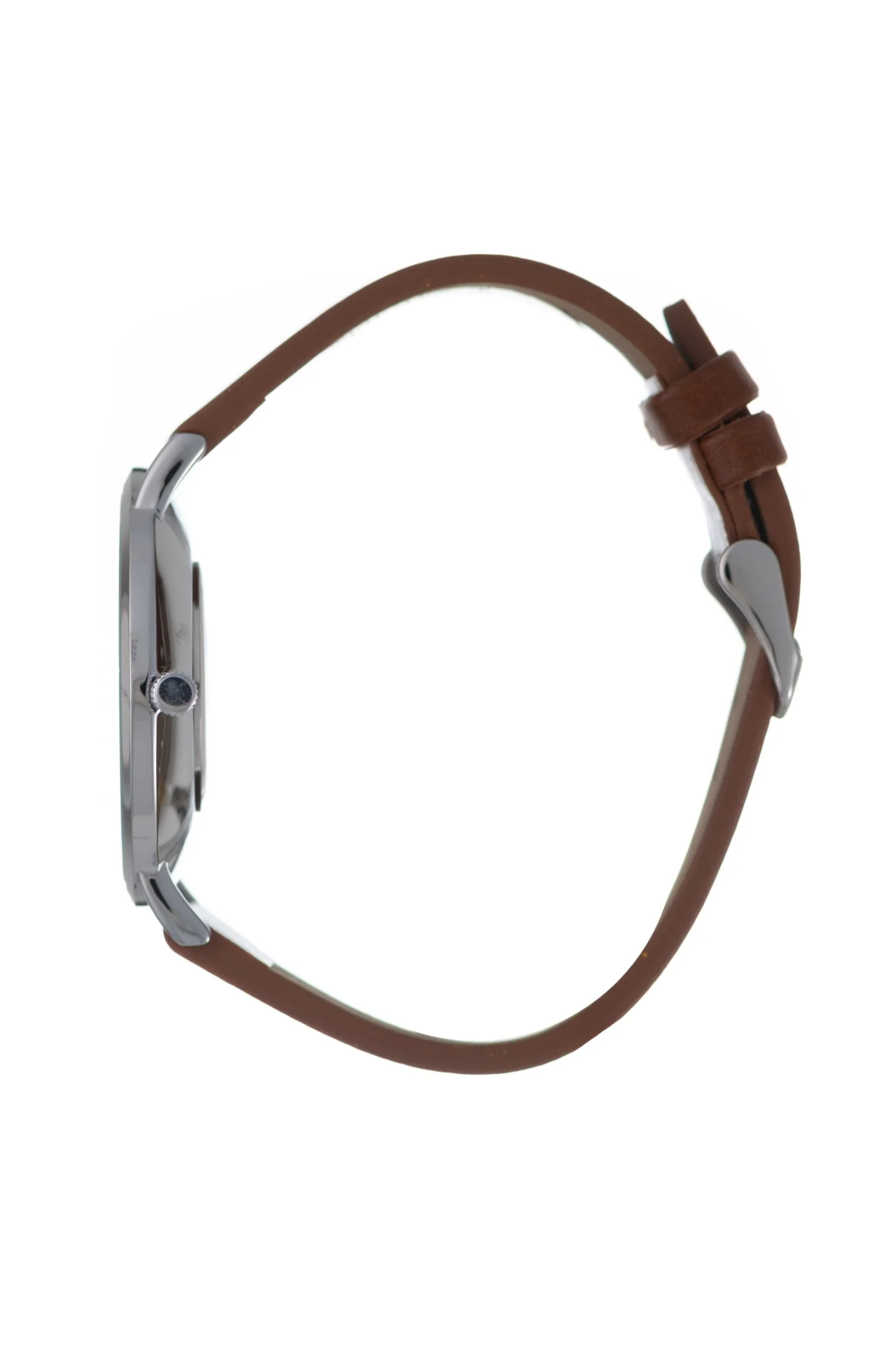 Silver Brown Leather Strap Black Dial Watch - Silver - Image 3