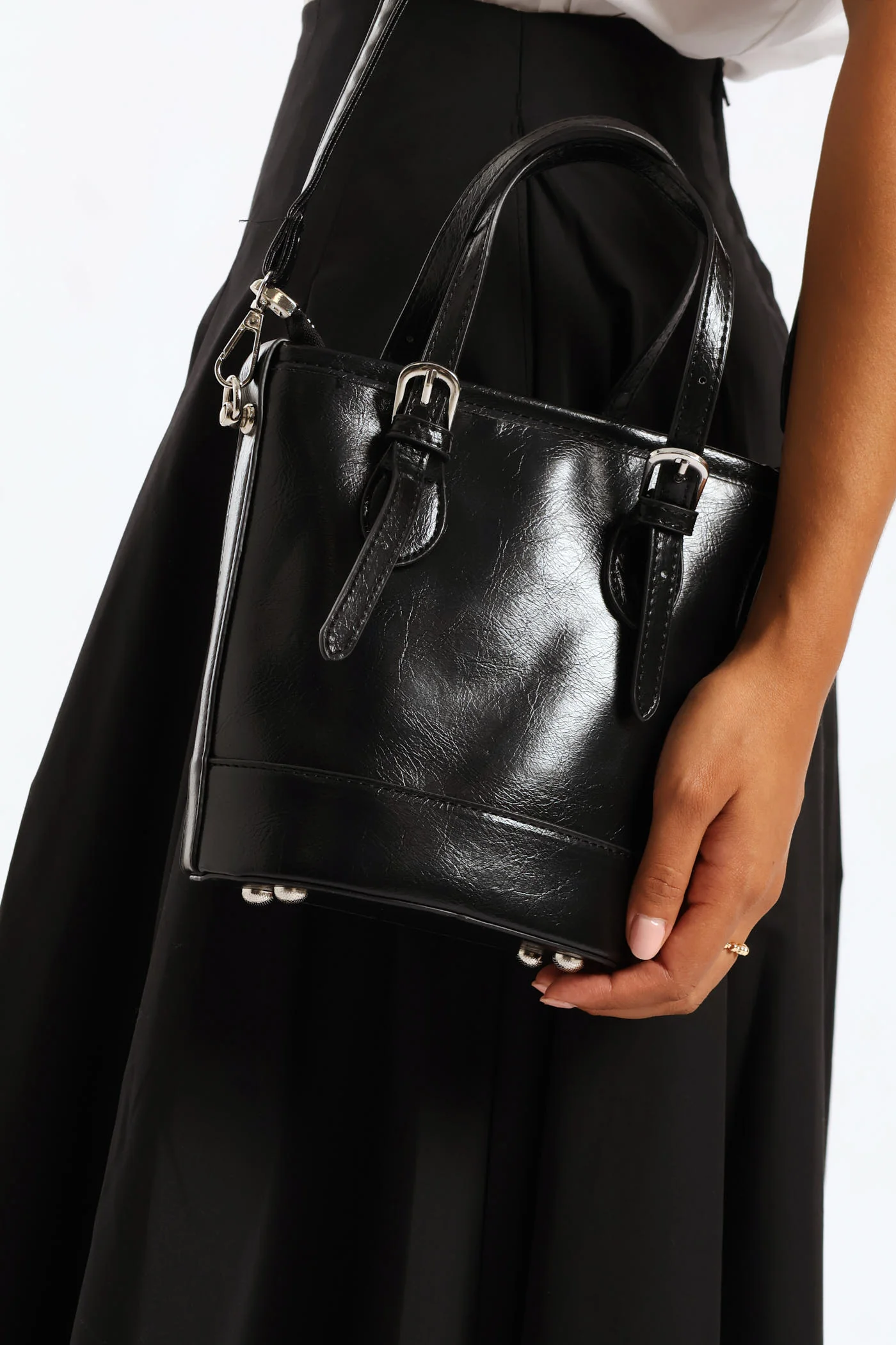 Silver Hardware Bucket Crossbody Bag - Black - Image 2