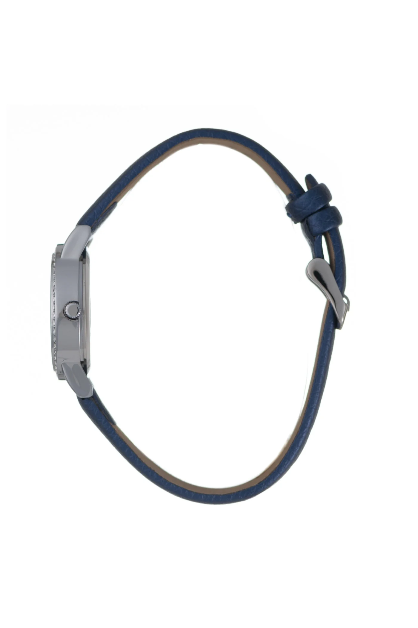 Round Silver Stones Navy Dial Pu Leather Strap Watch - Silver - Image 3