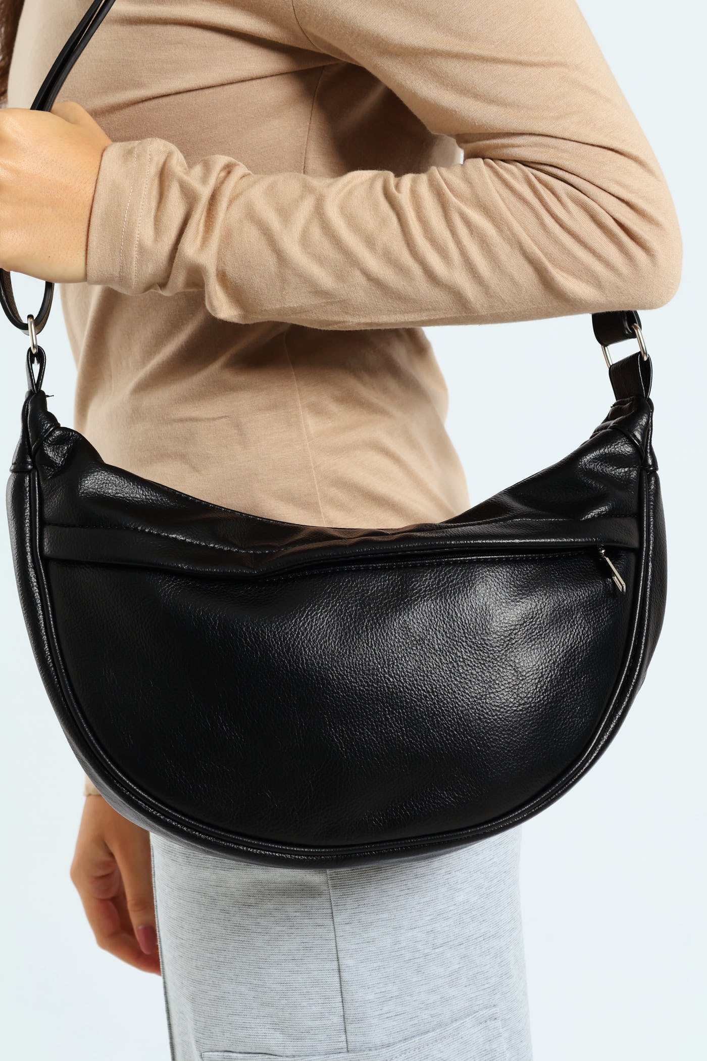 Silver Zip Crescent Crossbody Bag - Black - Image 2