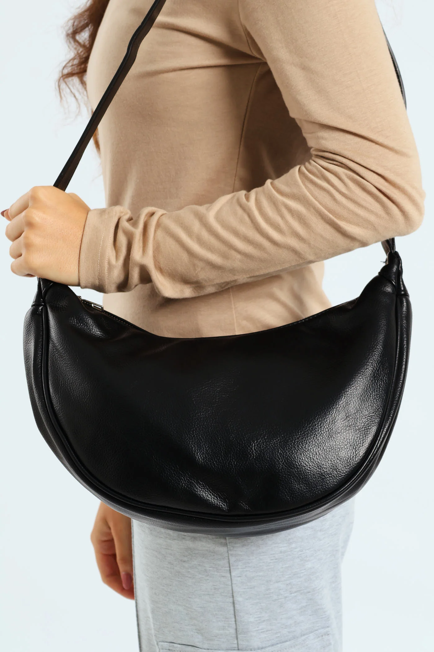 Silver Zip Crescent Crossbody Bag - Black - Image 3