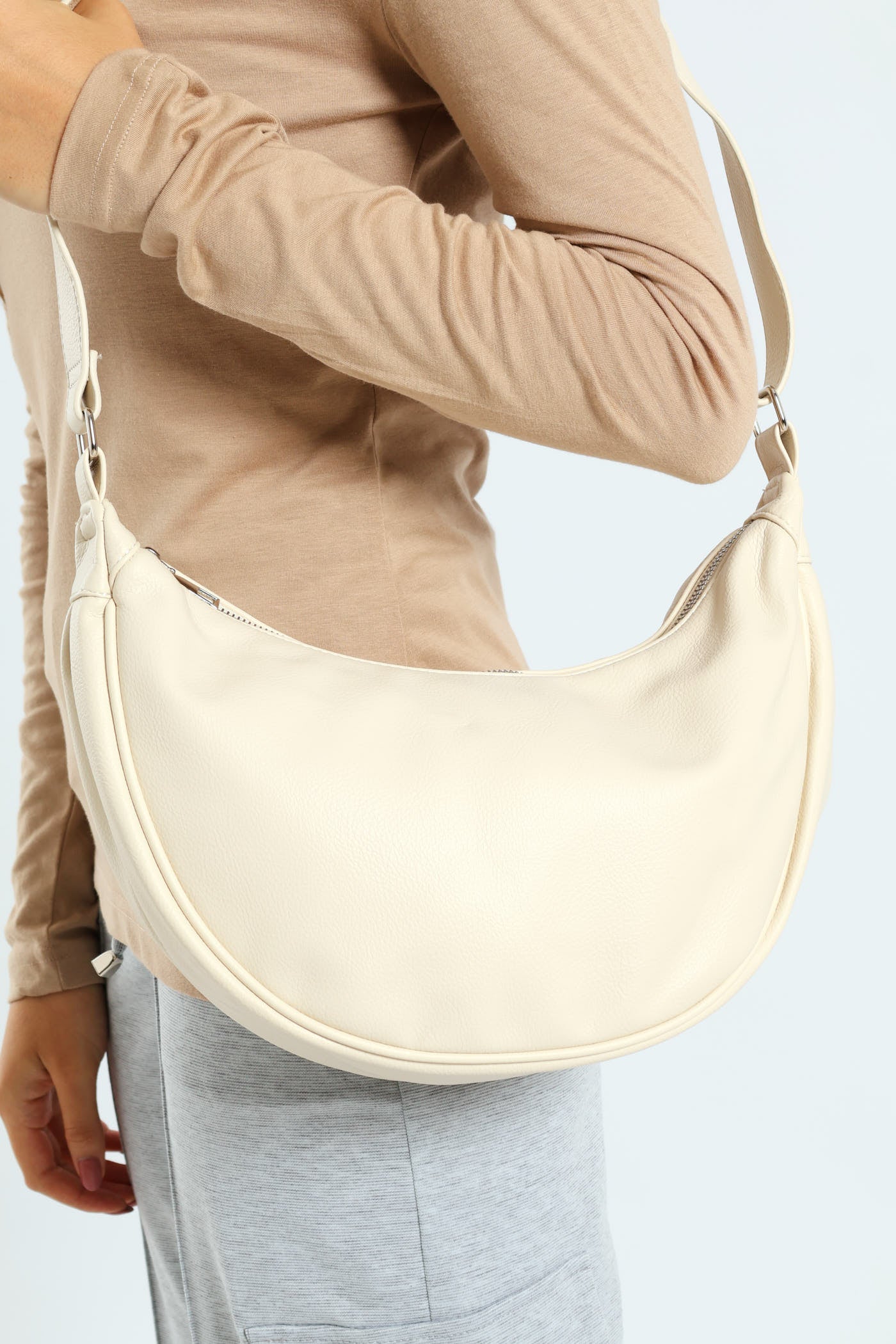 Silver Zip Crescent Crossbody Bag - Cream - Image 3