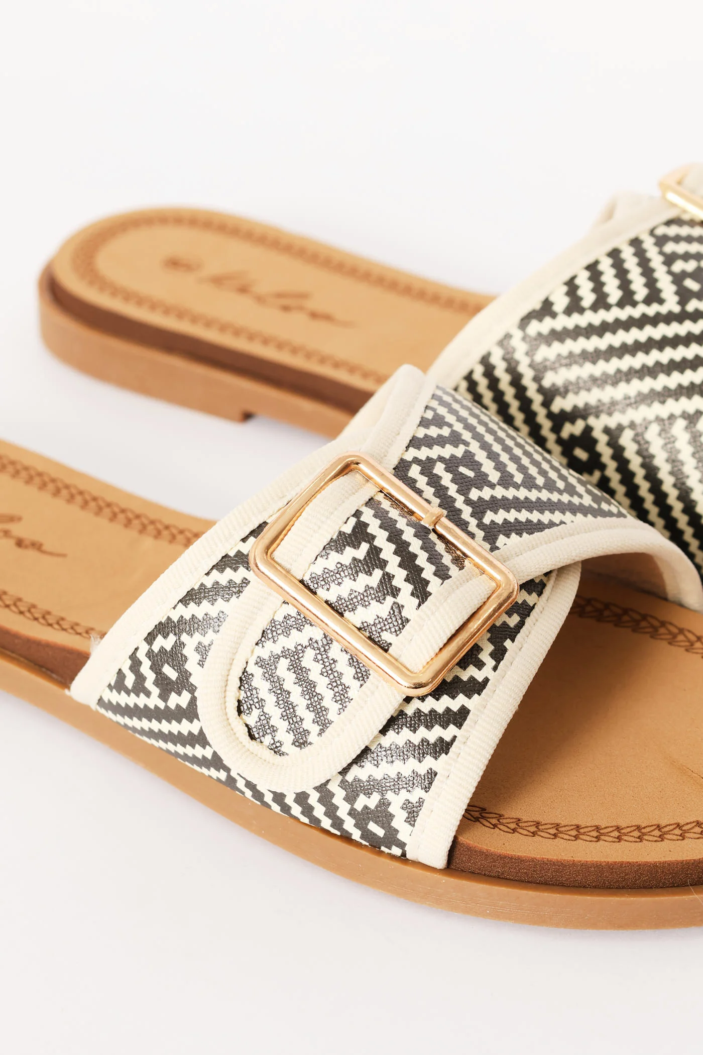 Single Band Buckle Detail Print Mule Sandal - Black/Beige - Image 2