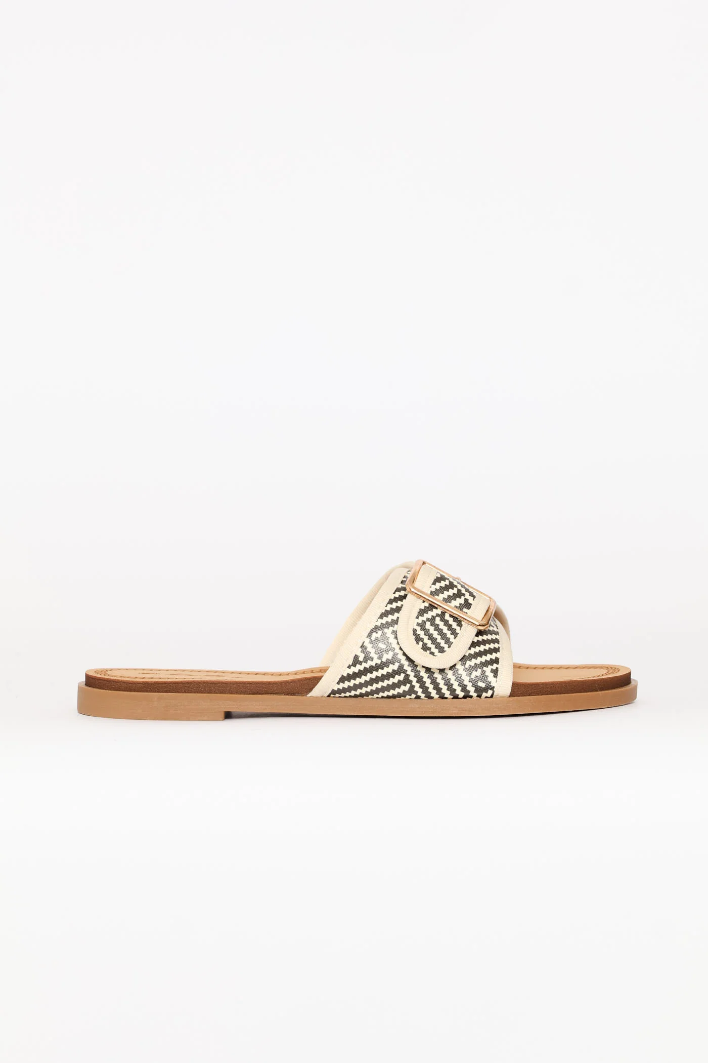 Single Band Buckle Detail Print Mule Sandal - Black/Beige - Image 4