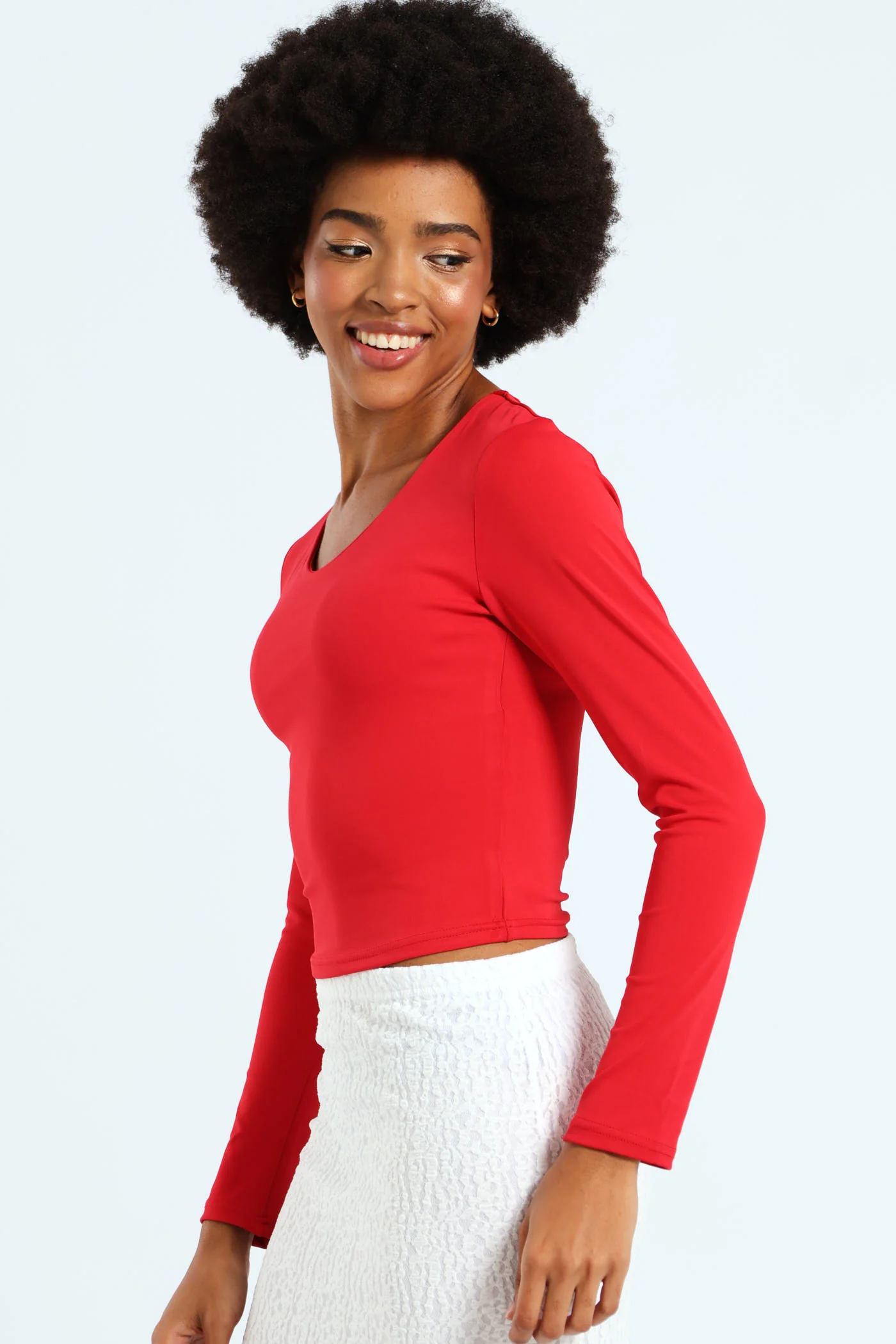 Skin Tight Long Sleeve Basic Crew Top - Red - Image 2