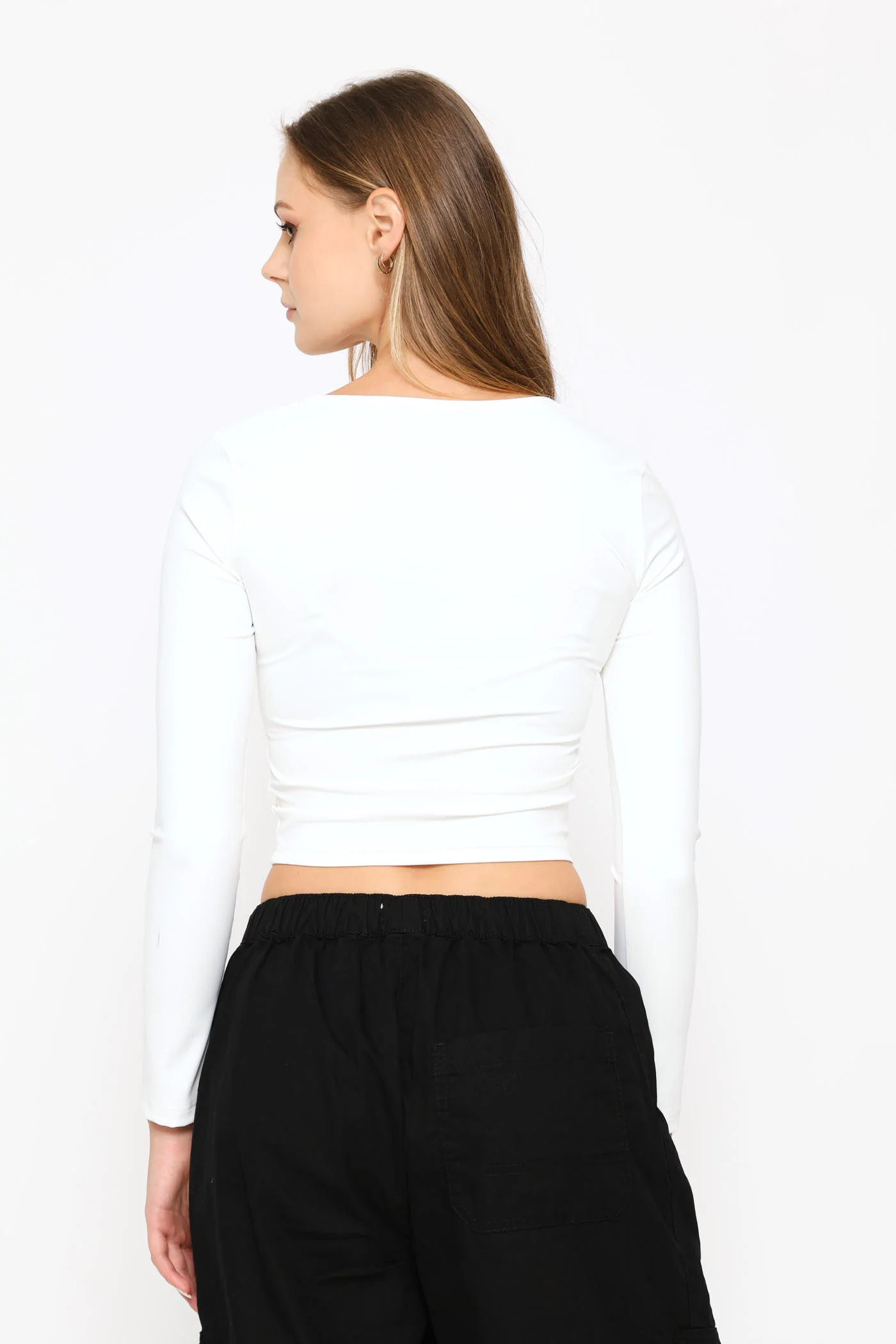 Long Sleeve Skin Tight Basic Square Neck Top - White - Image 3