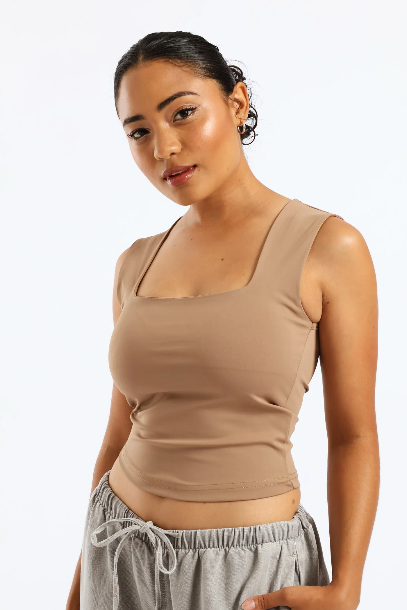 Skin Tight Square Neck Tank Top - Mocha - Image 3