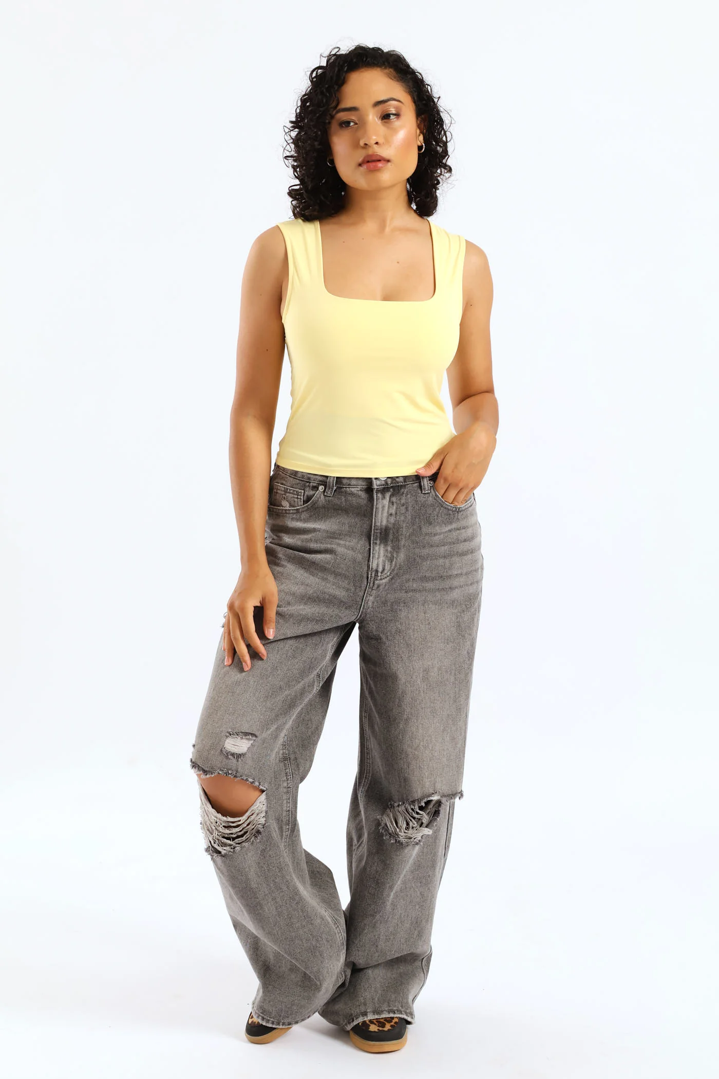 Skin Tight Square Neck Tank Top - Yellow - Image 5