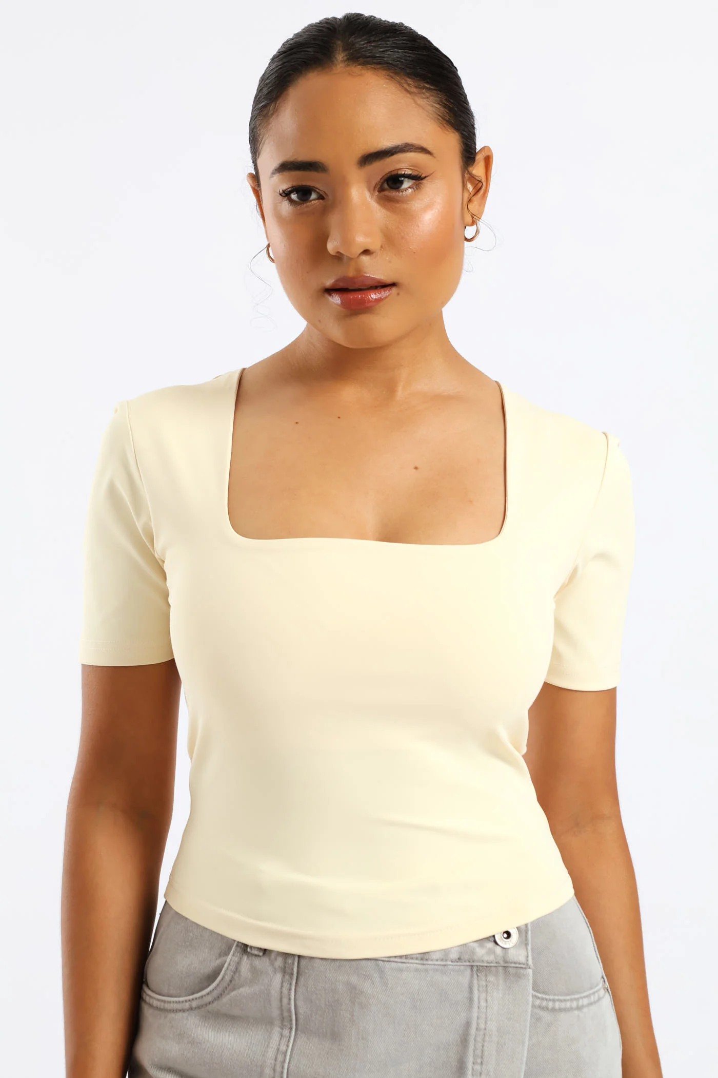 Skin Tight Square Neck Tee - Light Yellow - Image 2