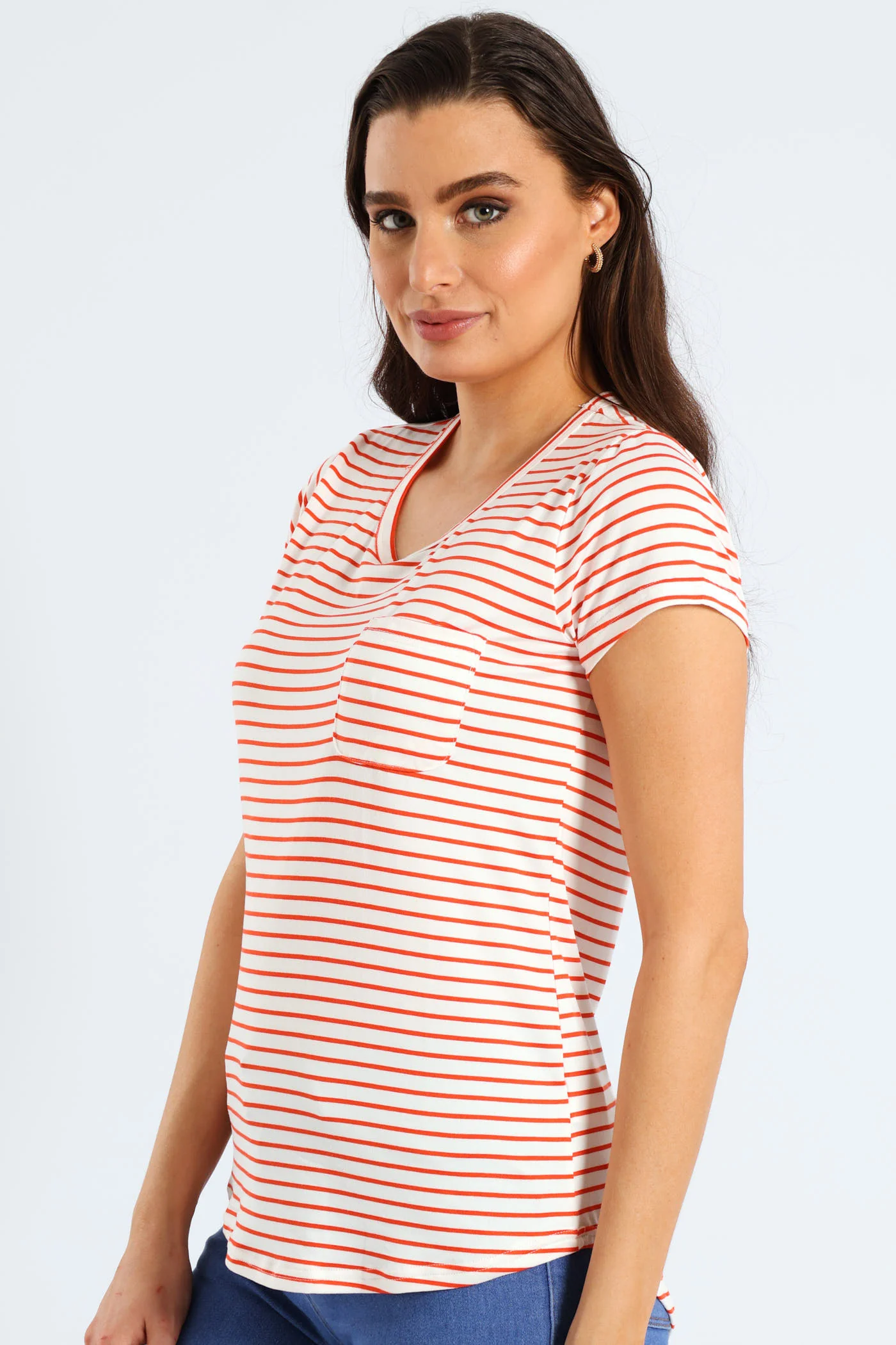 Skinny Stripe Pocket Tee - White/Orange - Image 2
