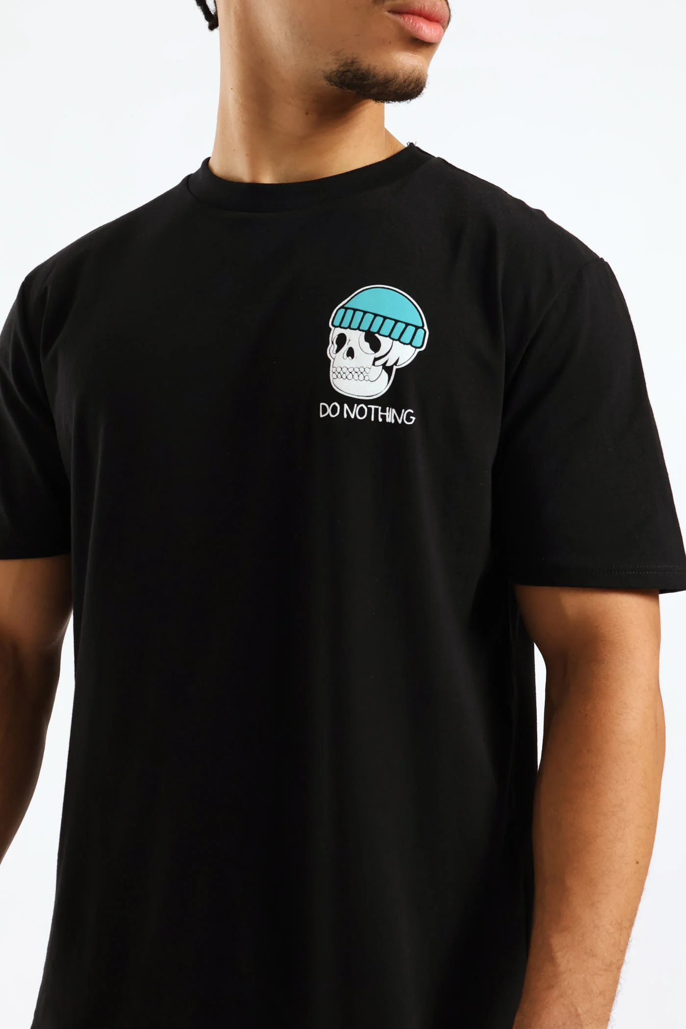 Skull "Do Nothing" Front Chest Print Tee - Black - Image 2