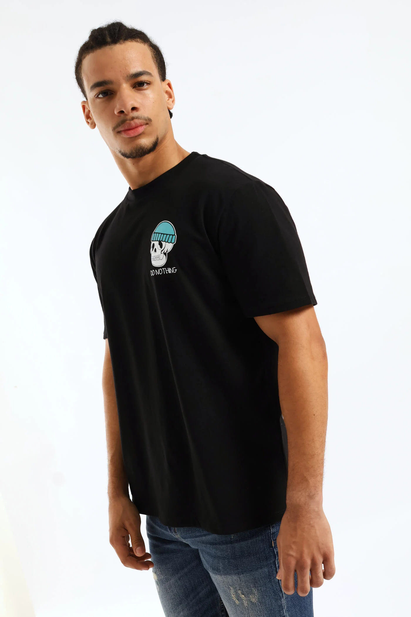 Skull "Do Nothing" Front Chest Print Tee - Black - Image 4