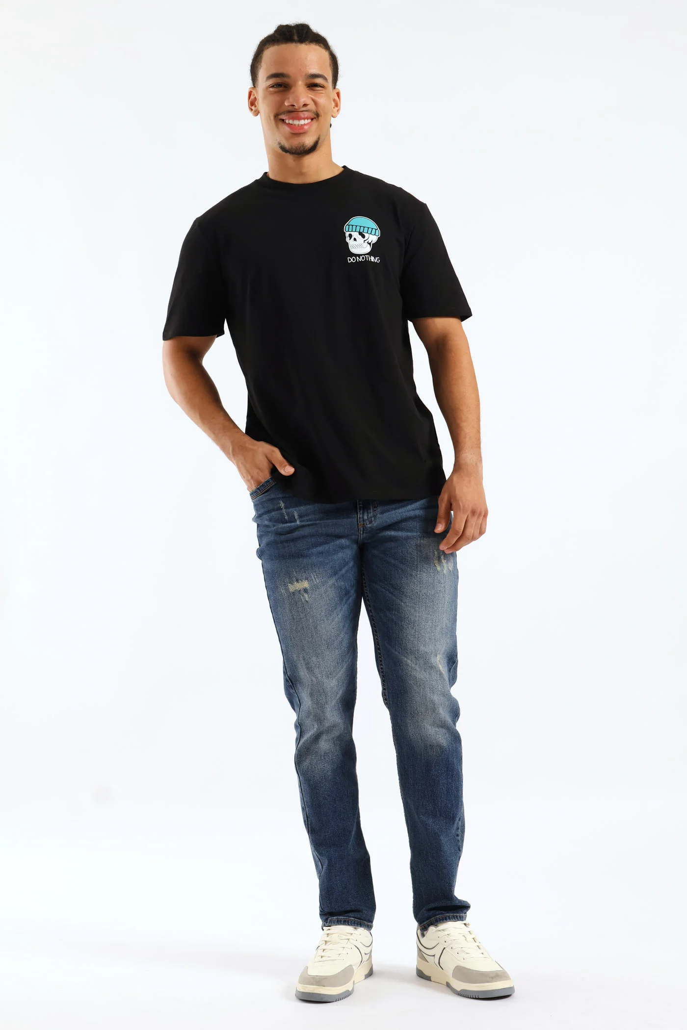 Skull "Do Nothing" Front Chest Print Tee - Black - Image 5