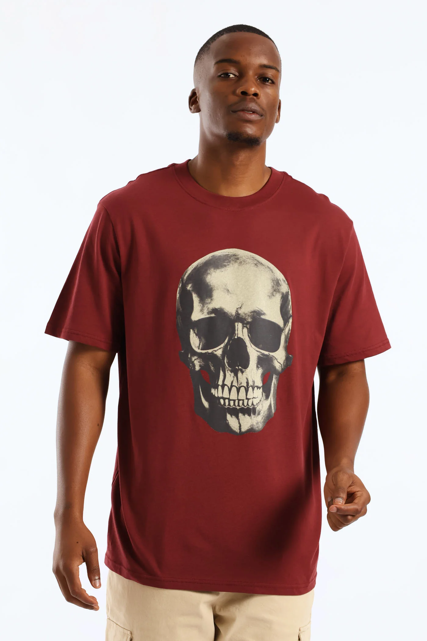 Skull Front Print Tee - Burgundy - Image 2