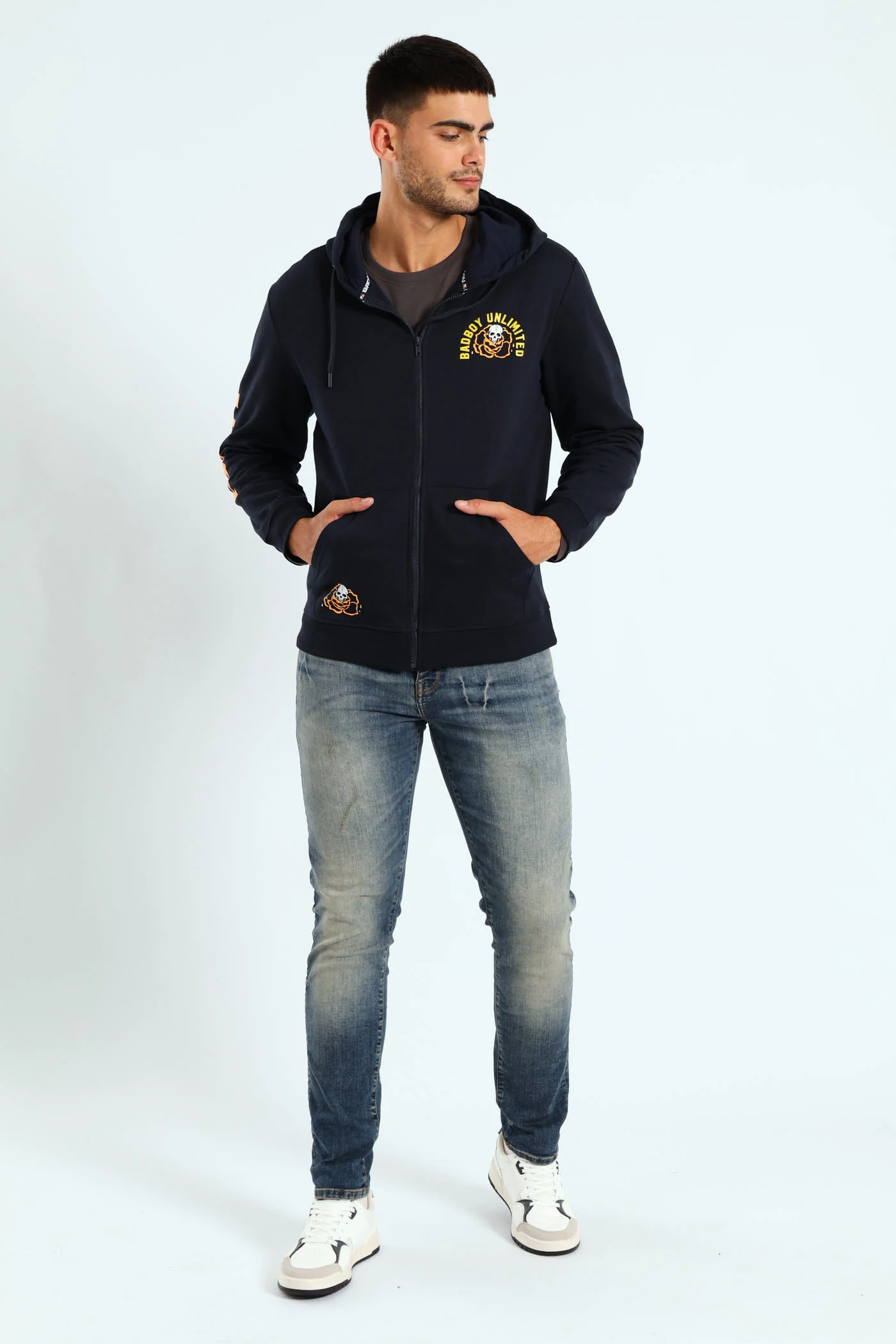 Skull Rose Zip Hoody - Navy - Image 5