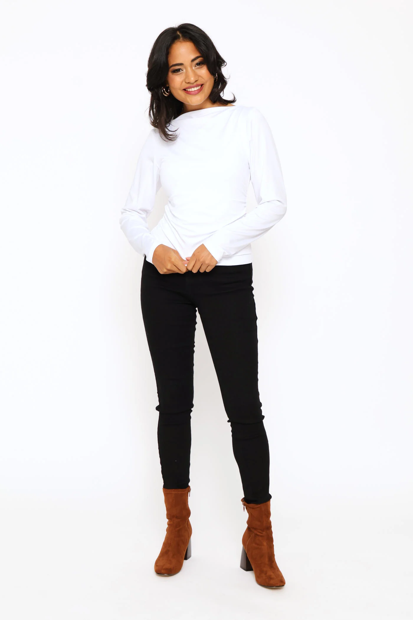 Slash Neck Ruched Side Polyamide Tee - White - Image 3