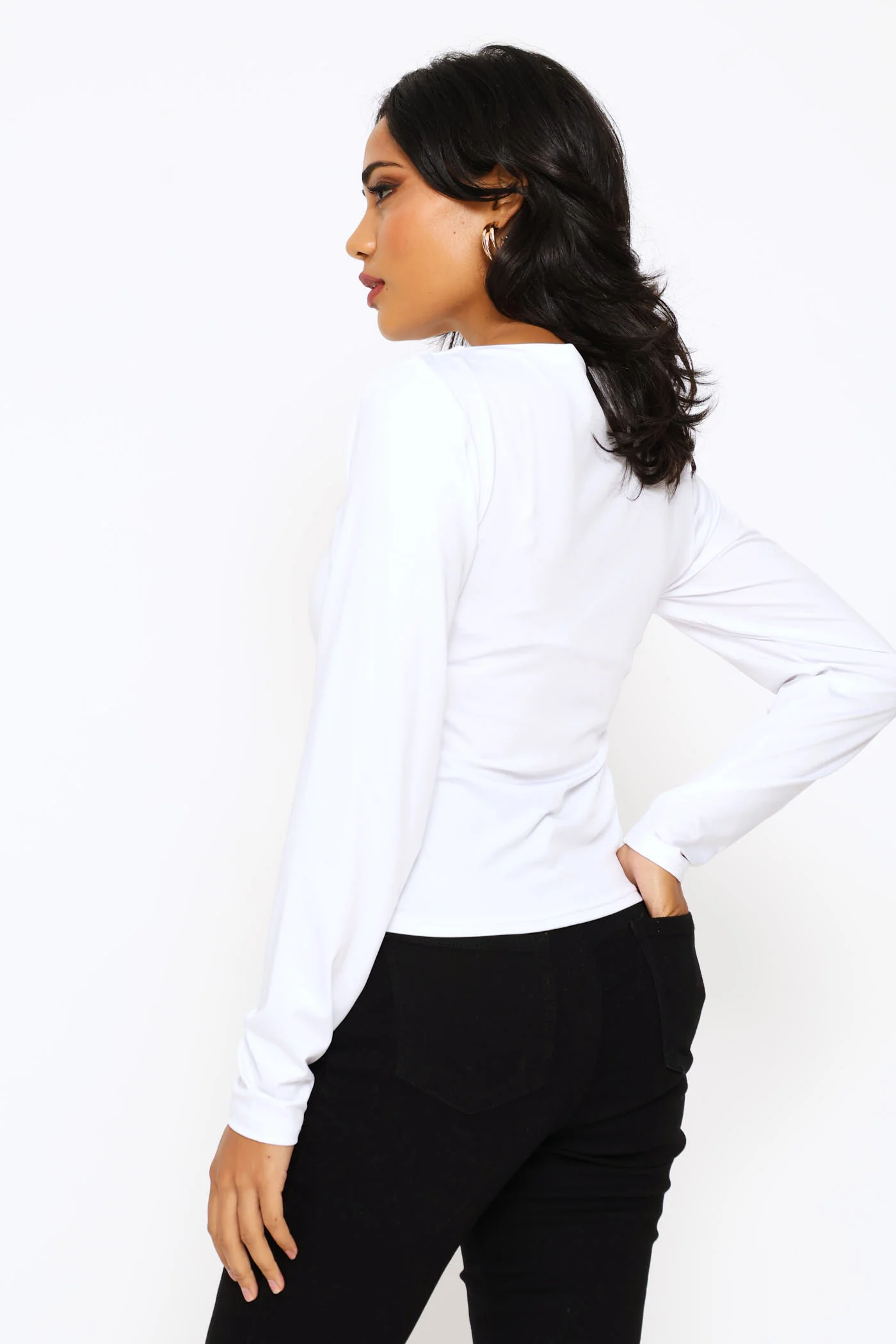 Slash Neck Ruched Side Polyamide Tee - White - Image 4