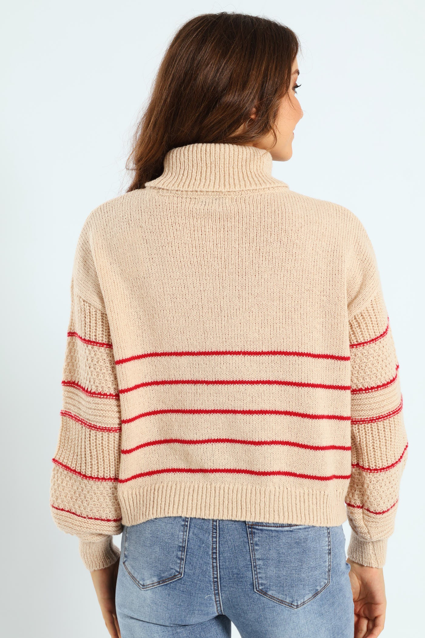 Sleeve Detail Stripe Poloneck - Stone/Red - Image 3
