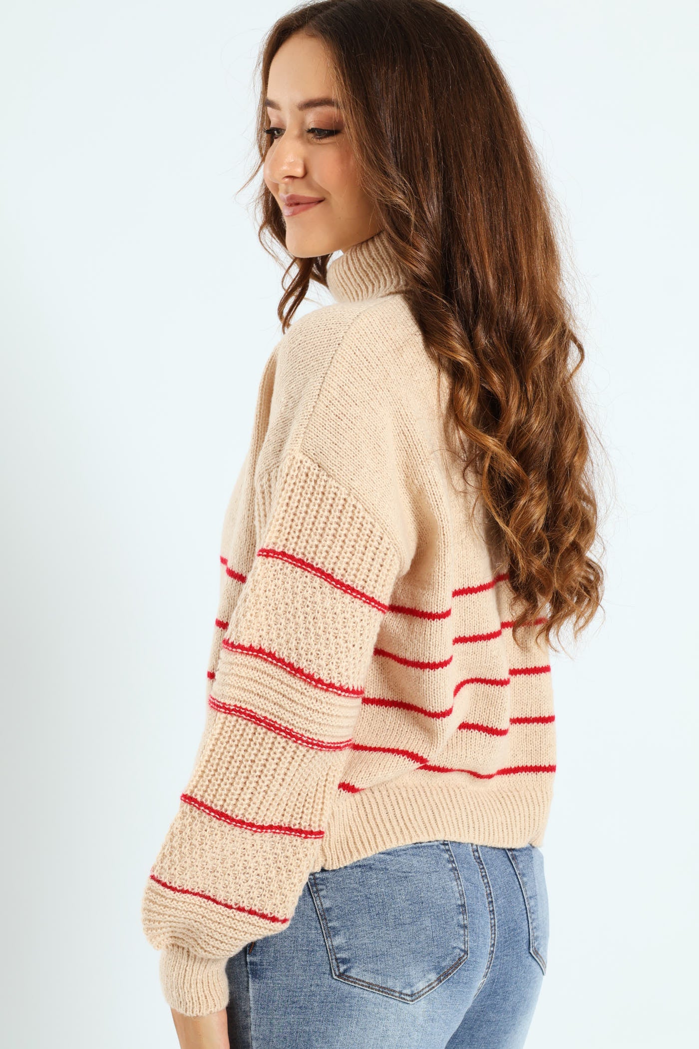 Sleeve Detail Stripe Poloneck - Stone/Red - Image 4
