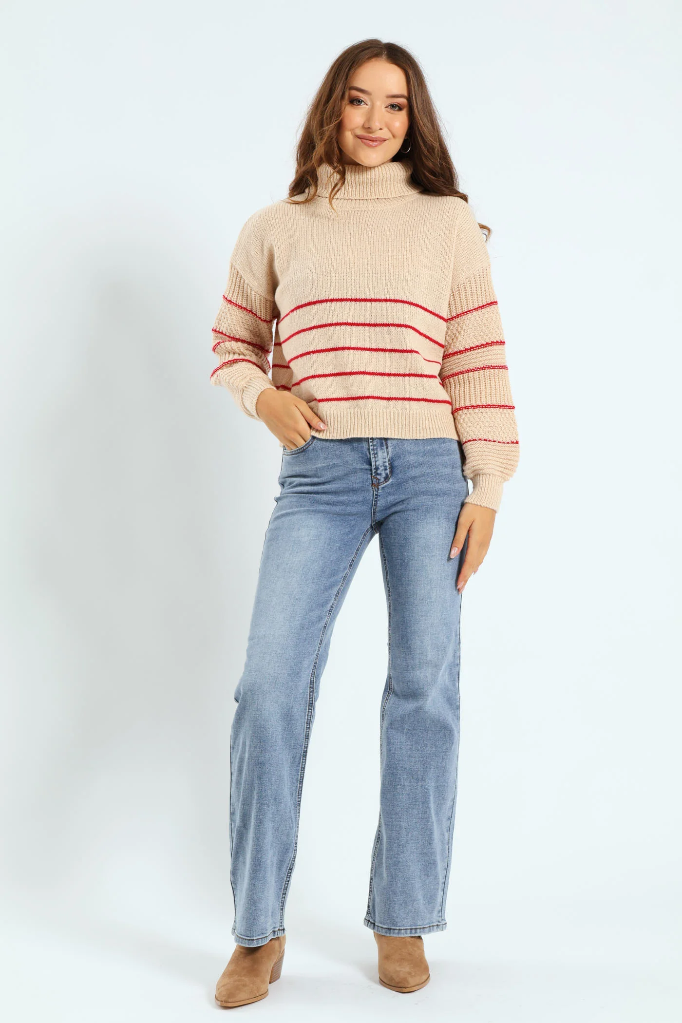 Sleeve Detail Stripe Poloneck - Stone/Red - Image 5